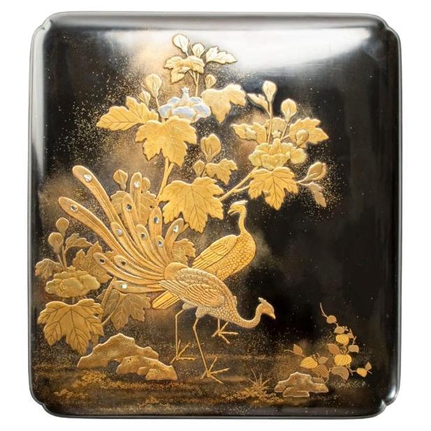 A Japanese lacquer suzuribako 硯箱 with peacocks