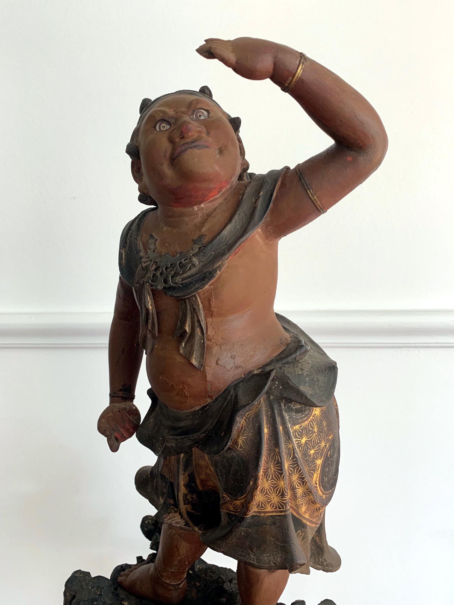 18th Century and Earlier Japanese Lacquered and Gilt Wood Buddhism Statue from Edo Period For Sale
