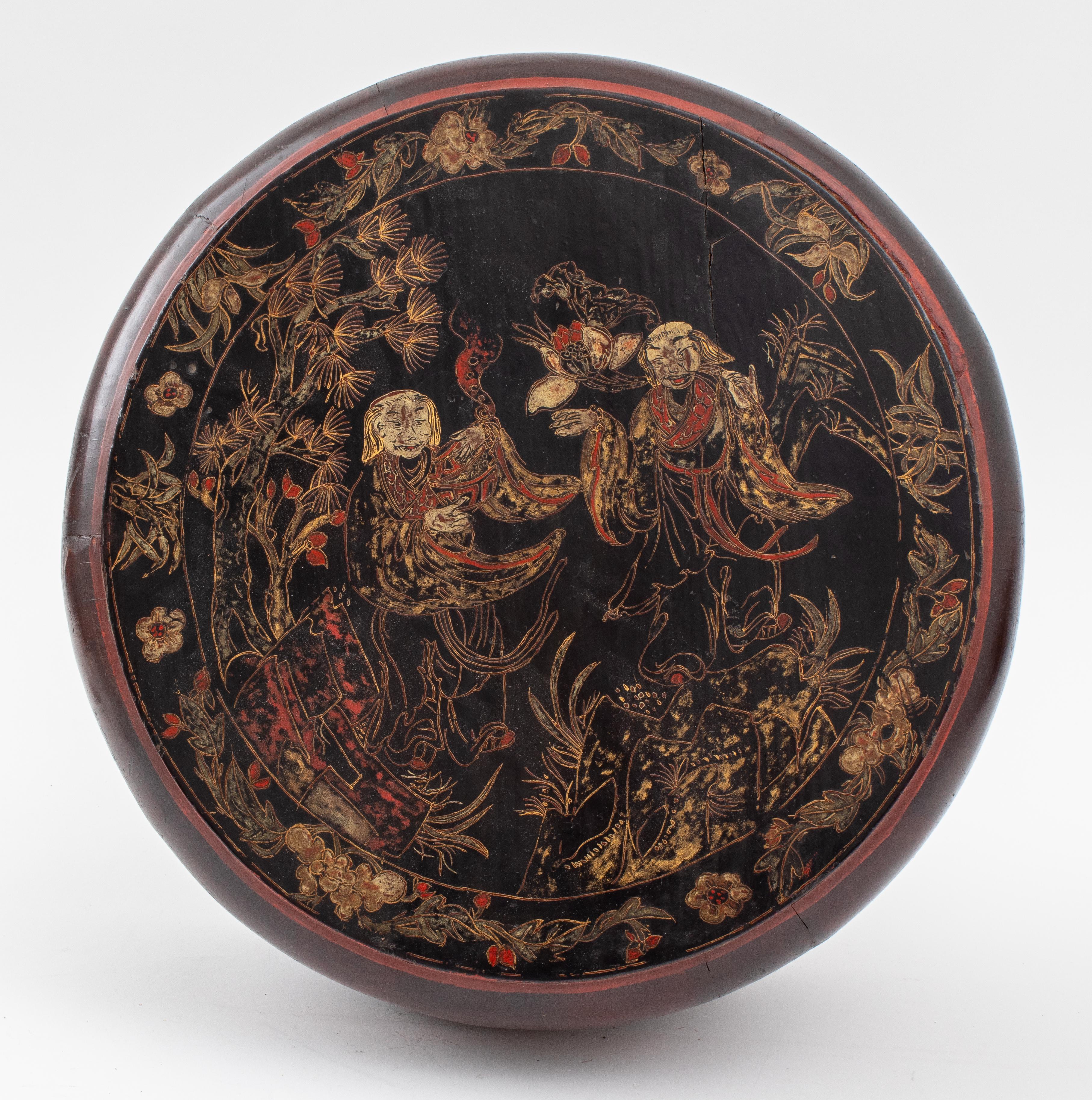 A Japanese lacquered drum-shaped box, with red details over black ground, the top decorated with images of actors wearing masks in a landscape. 
Measures: 7.5