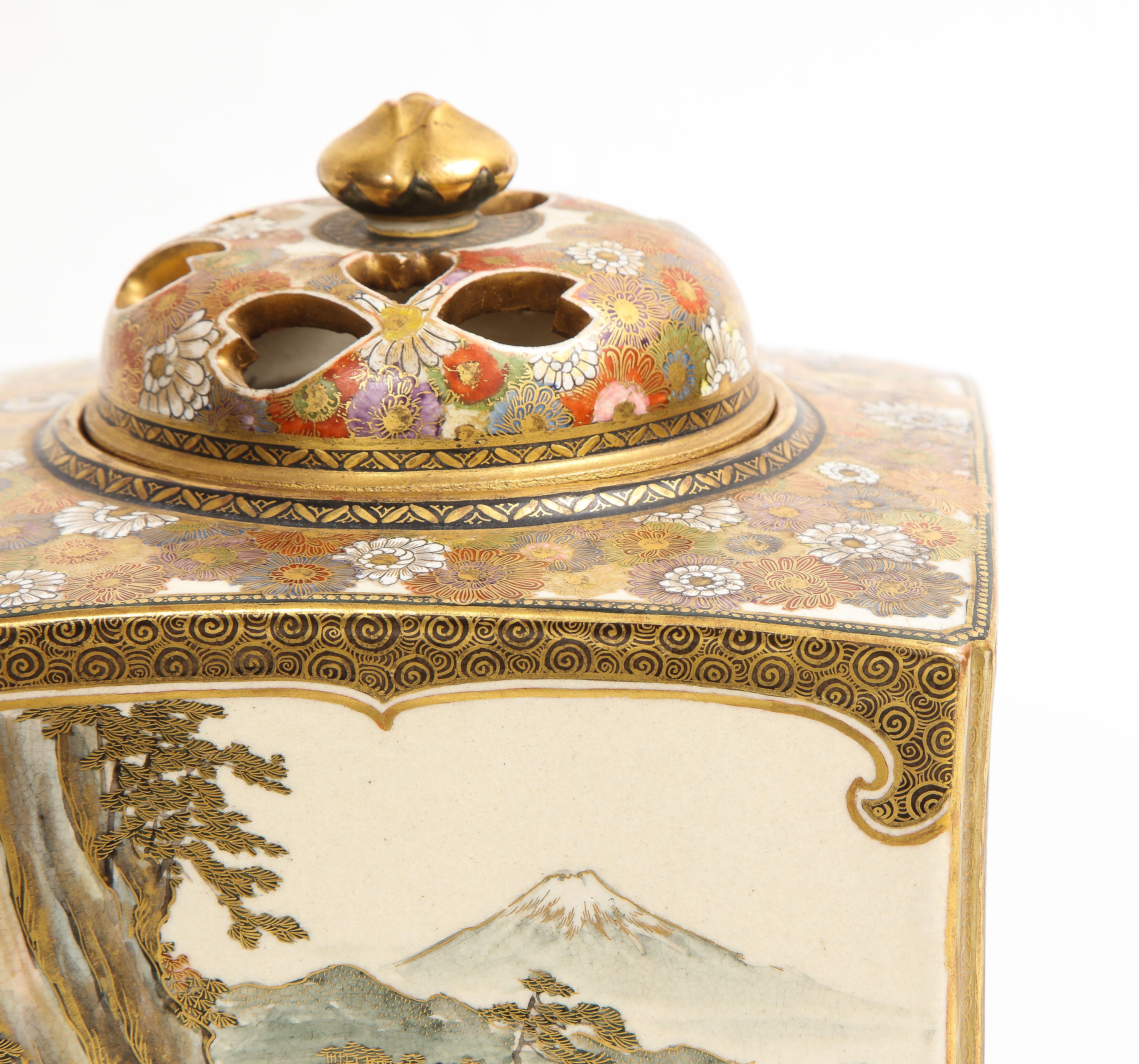 A Japanese Meiji Period (1868-1912).Large Satsuma Square Censer And Cover, Mark 5