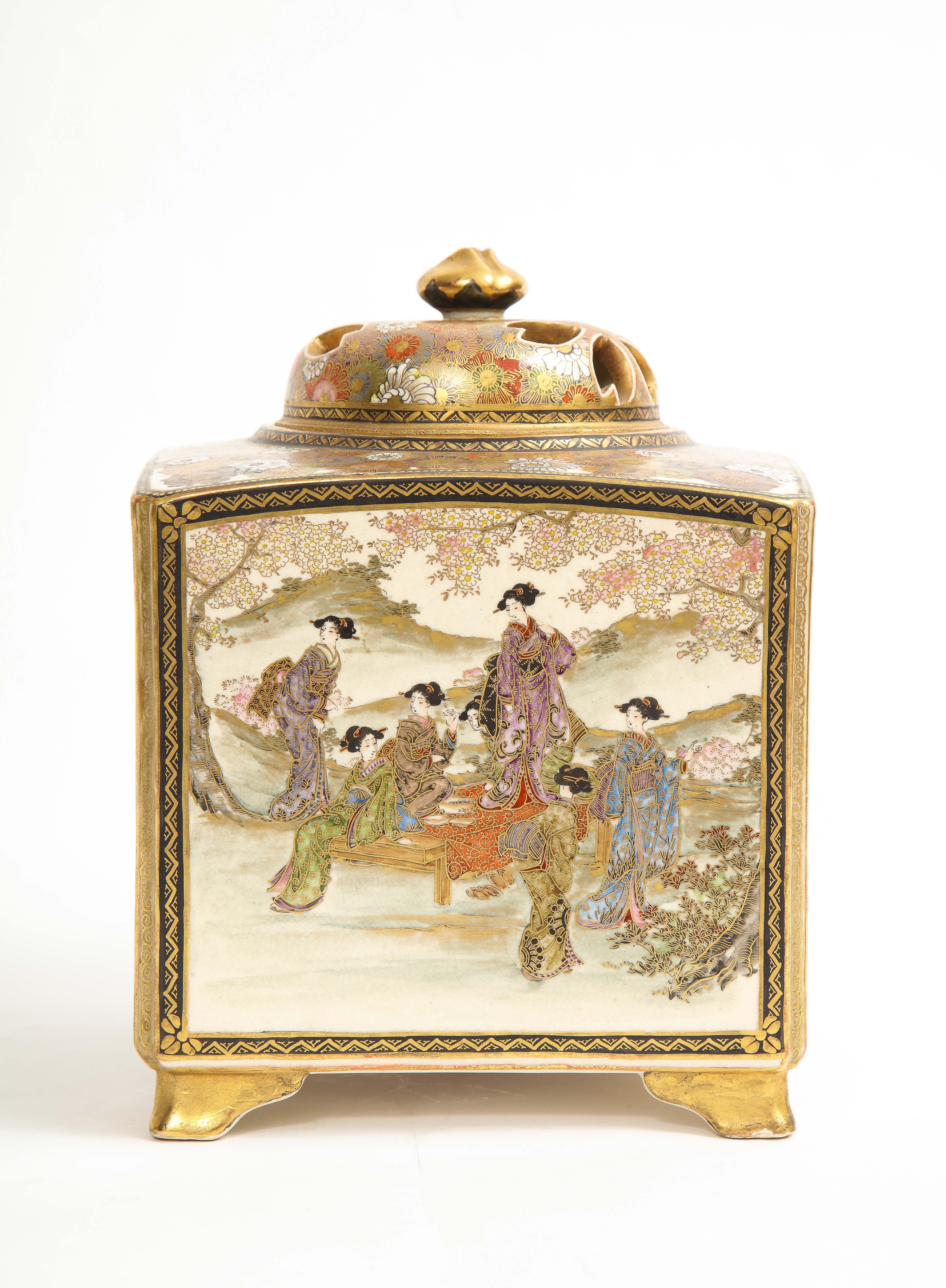 Hand-Carved A Japanese Meiji Period (1868-1912).Large Satsuma Square Censer And Cover, Mark