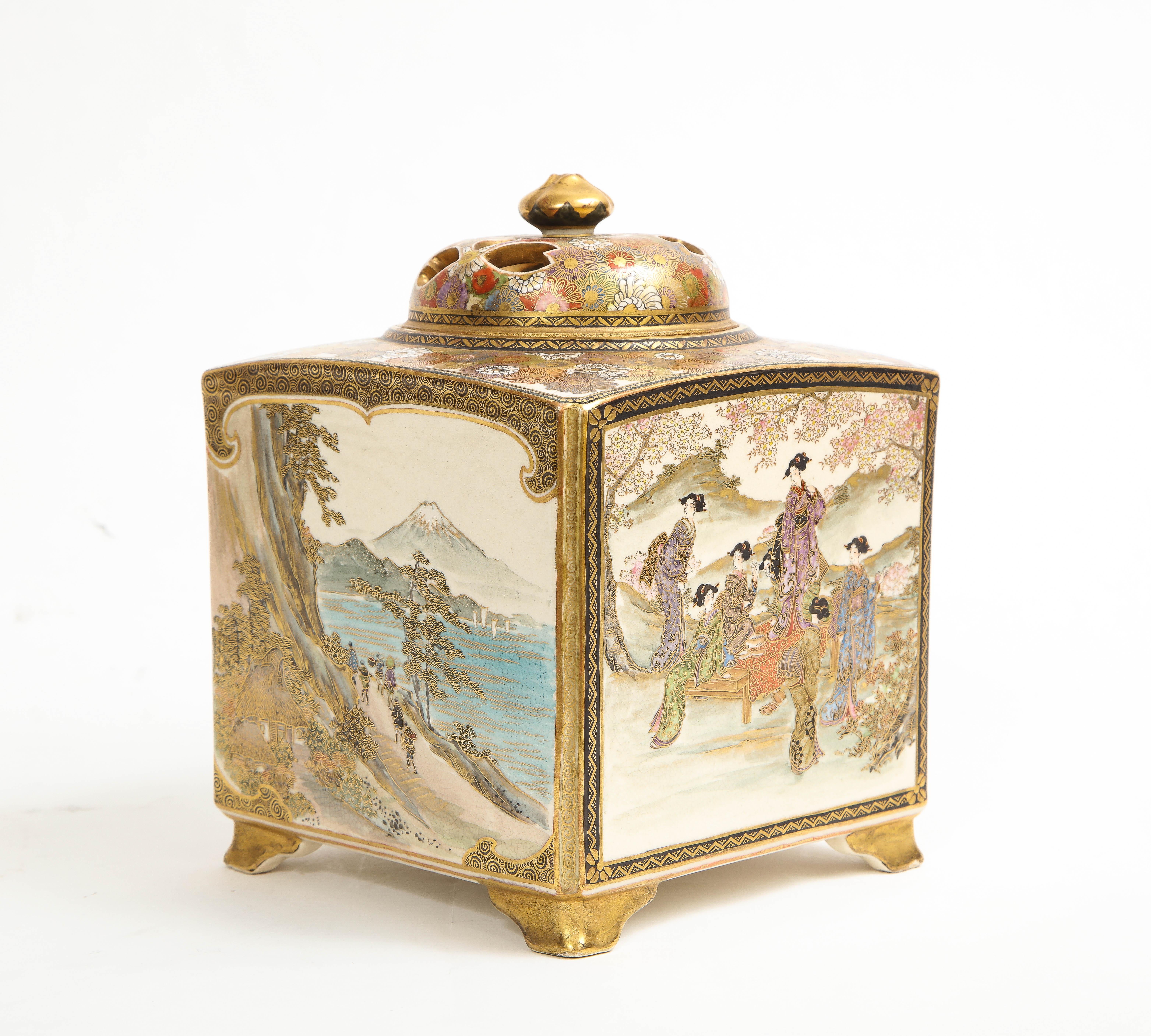 19th Century A Japanese Meiji Period (1868-1912).Large Satsuma Square Censer And Cover, Mark