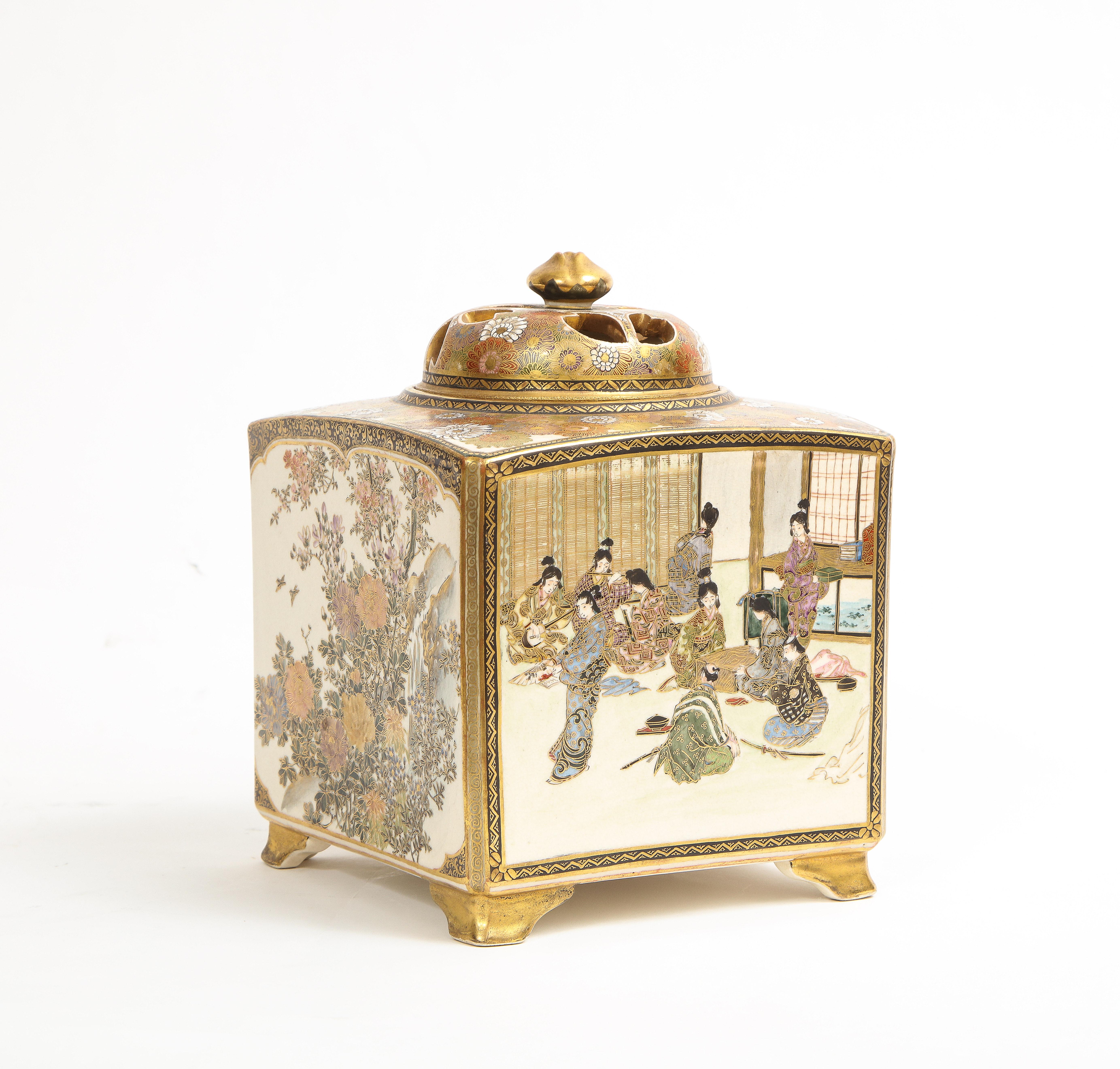 A Japanese Meiji Period (1868-1912).Large Satsuma Square Censer And Cover, Mark 1