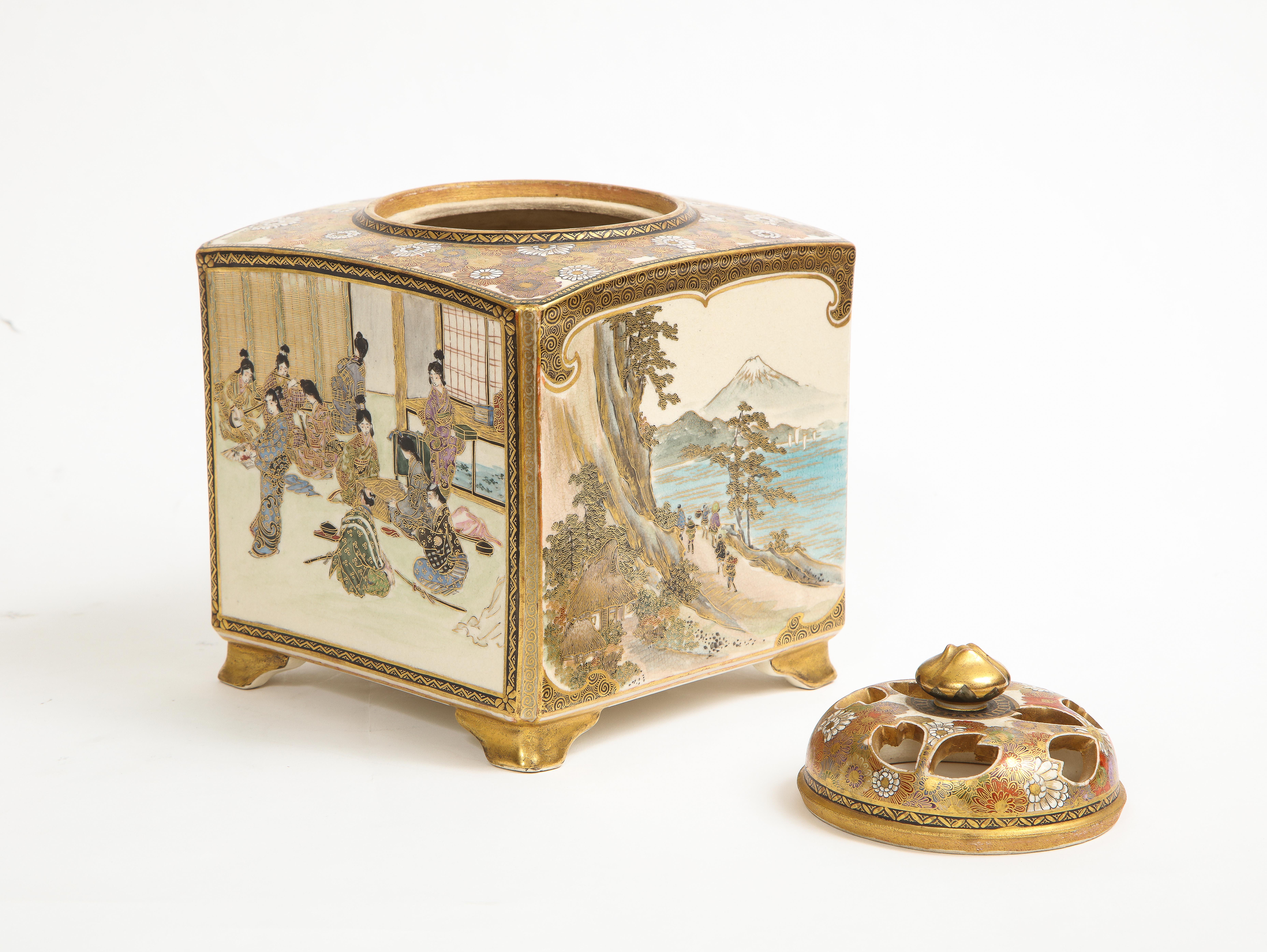 A Japanese Meiji Period (1868-1912).Large Satsuma Square Censer And Cover, Mark 3