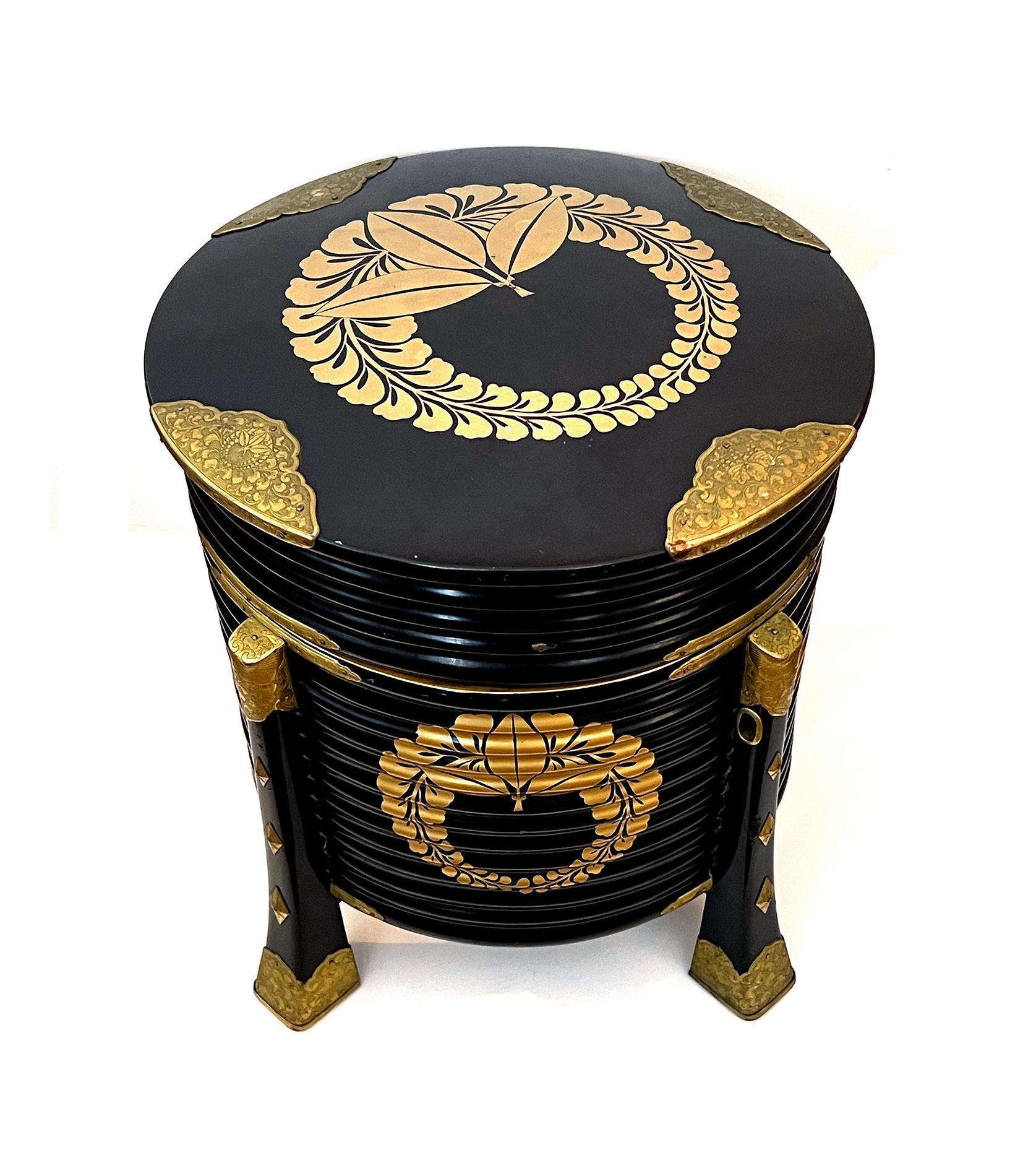 19th Century A Japanese Meiji Period Black Lacquer Hokai Lidded Box with Brass Mounts  For Sale