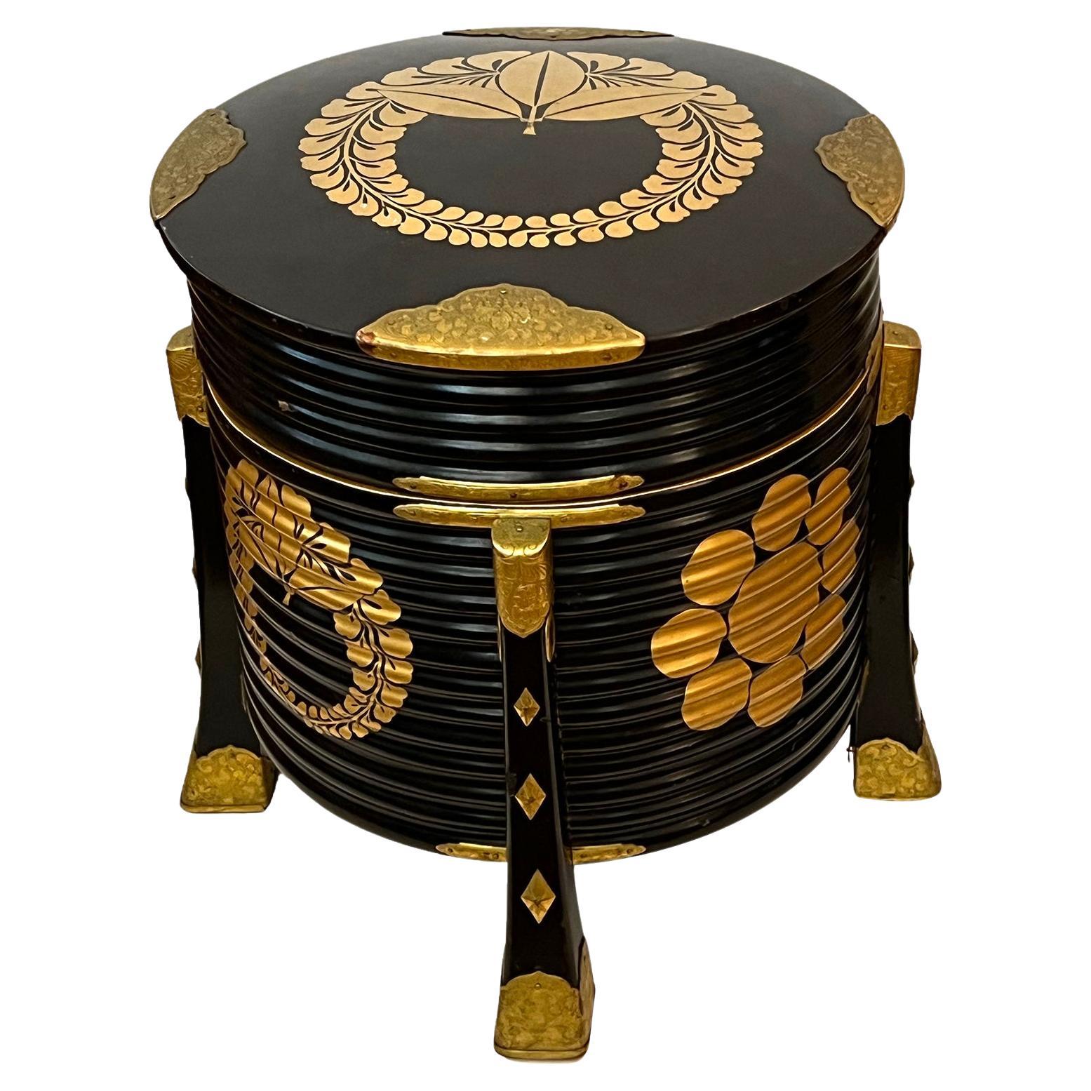 A Japanese Meiji Period Black Lacquer Hokai Lidded Box with Brass Mounts  For Sale