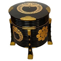 A Japanese Meiji Period Black Lacquer Hokai Lidded Box with Brass Mounts 