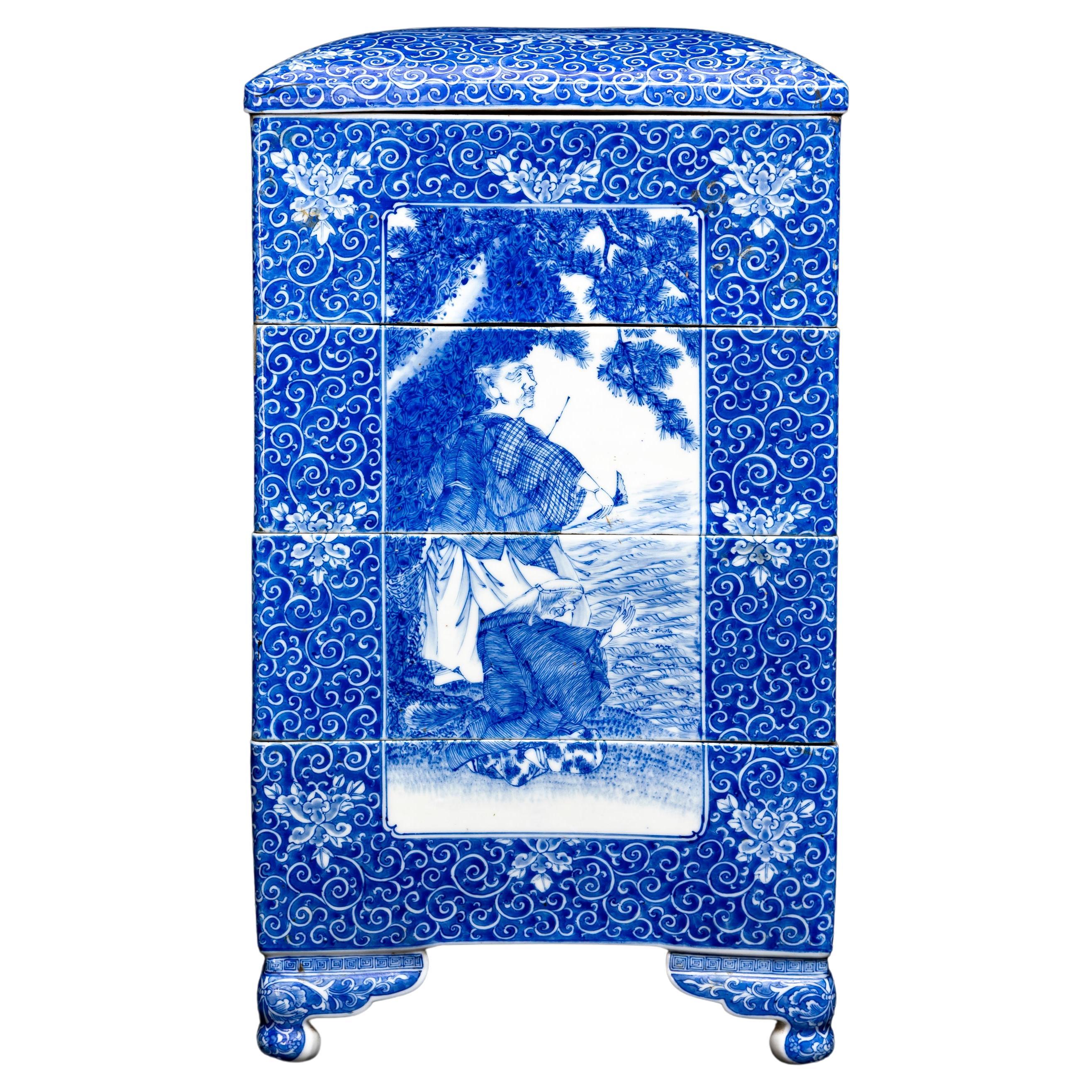 A Japanese Meiji Period Blue and White Porcelain 5-Tier Presentation Box