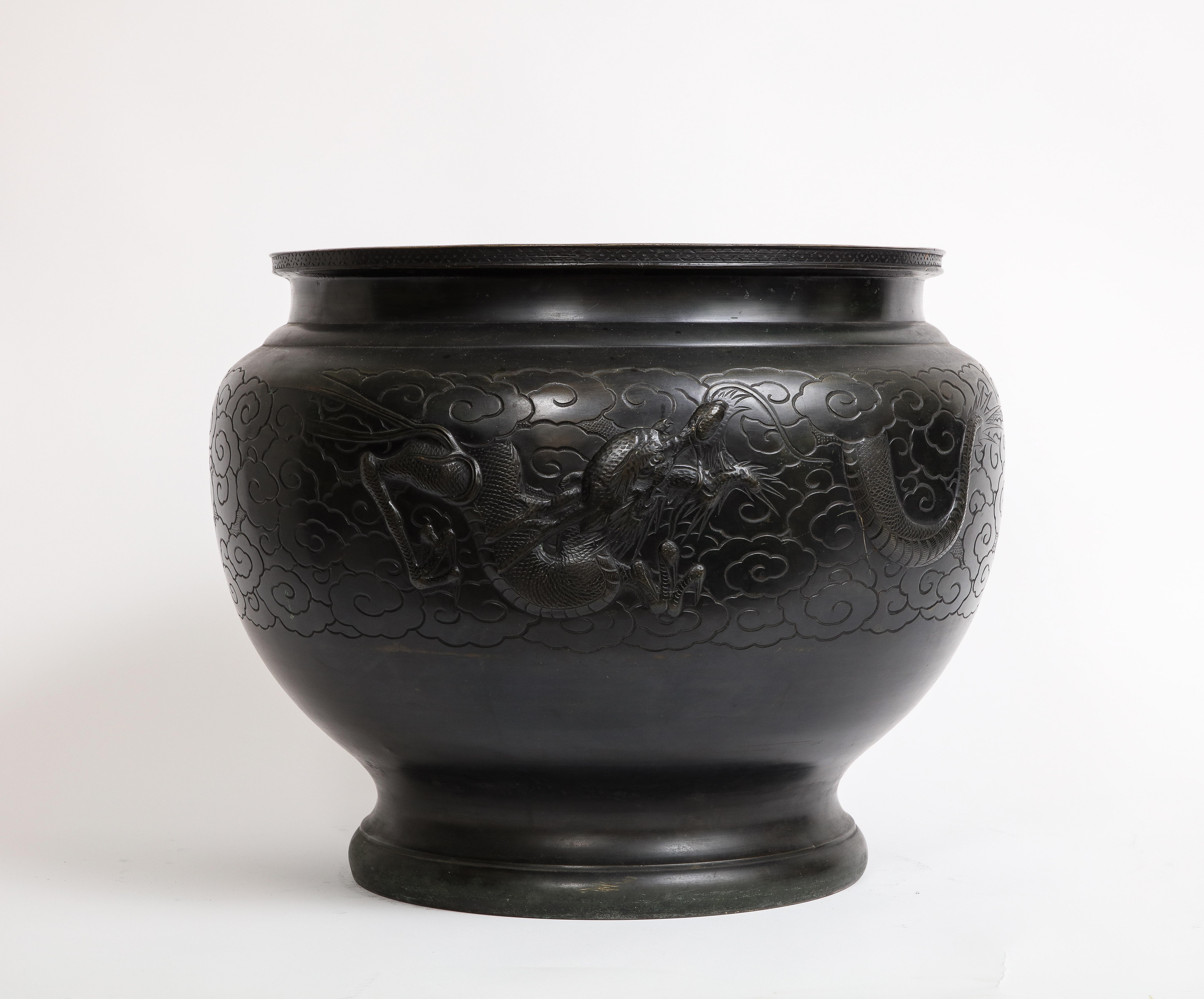 Late 19th Century A Japanese Meiji Period Patinated Bronze Centerpiece/Bowl w/ Dragon in Relief For Sale