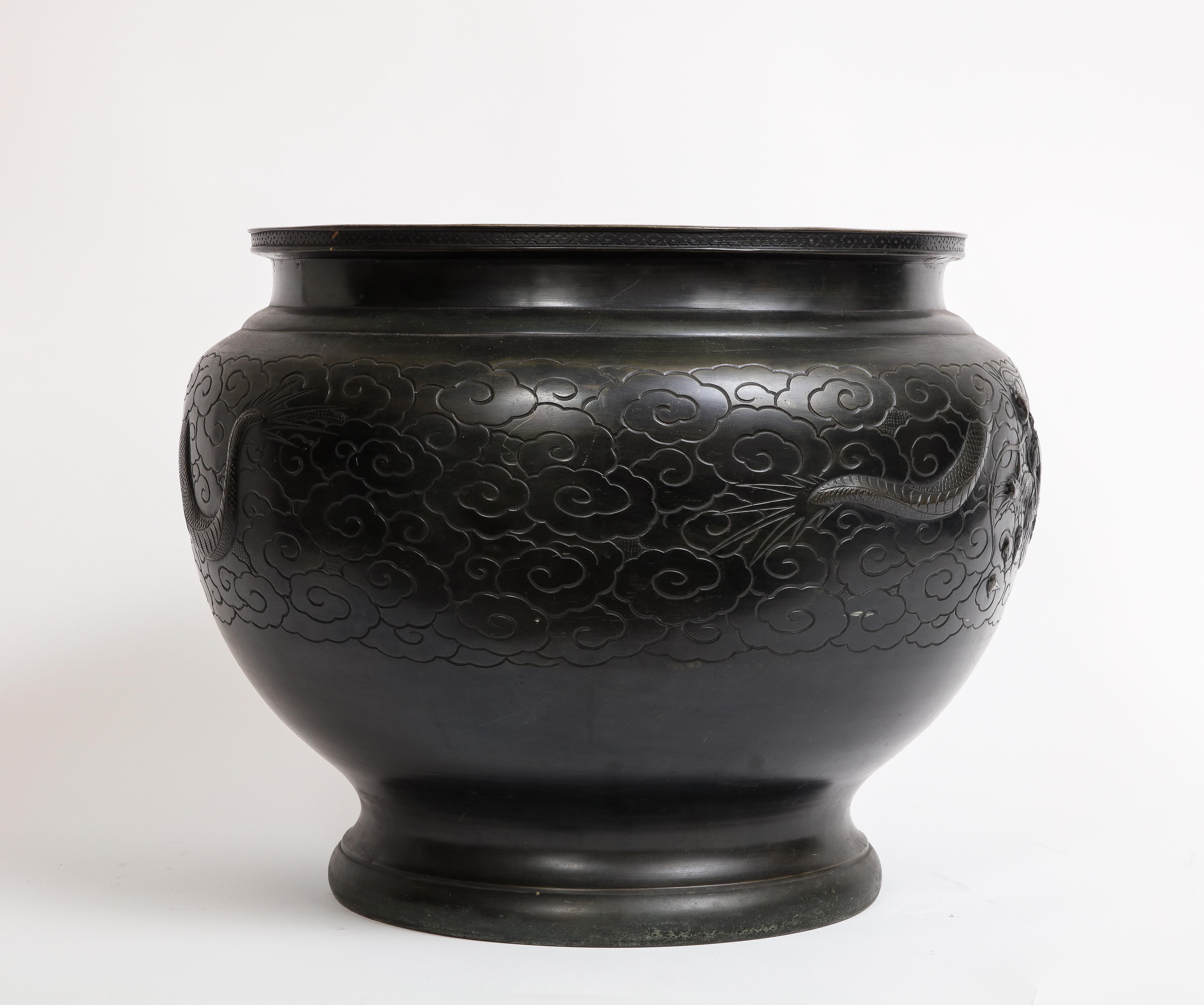 A Japanese Meiji Period Patinated Bronze Centerpiece/Bowl w/ Dragon in Relief For Sale 2