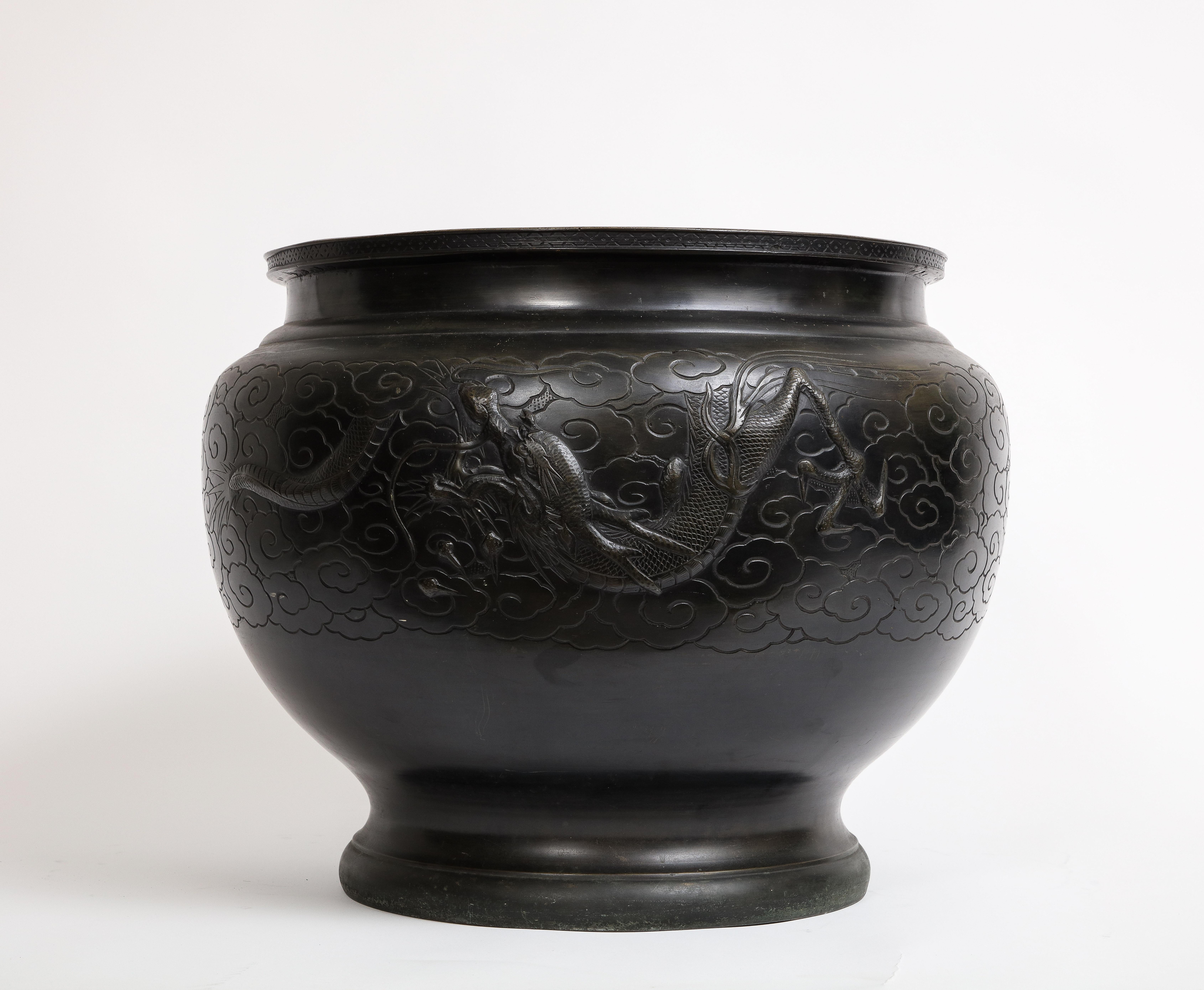 A Japanese Meiji Period Patinated Bronze Centerpiece/Bowl w/ Dragon in Relief For Sale 3