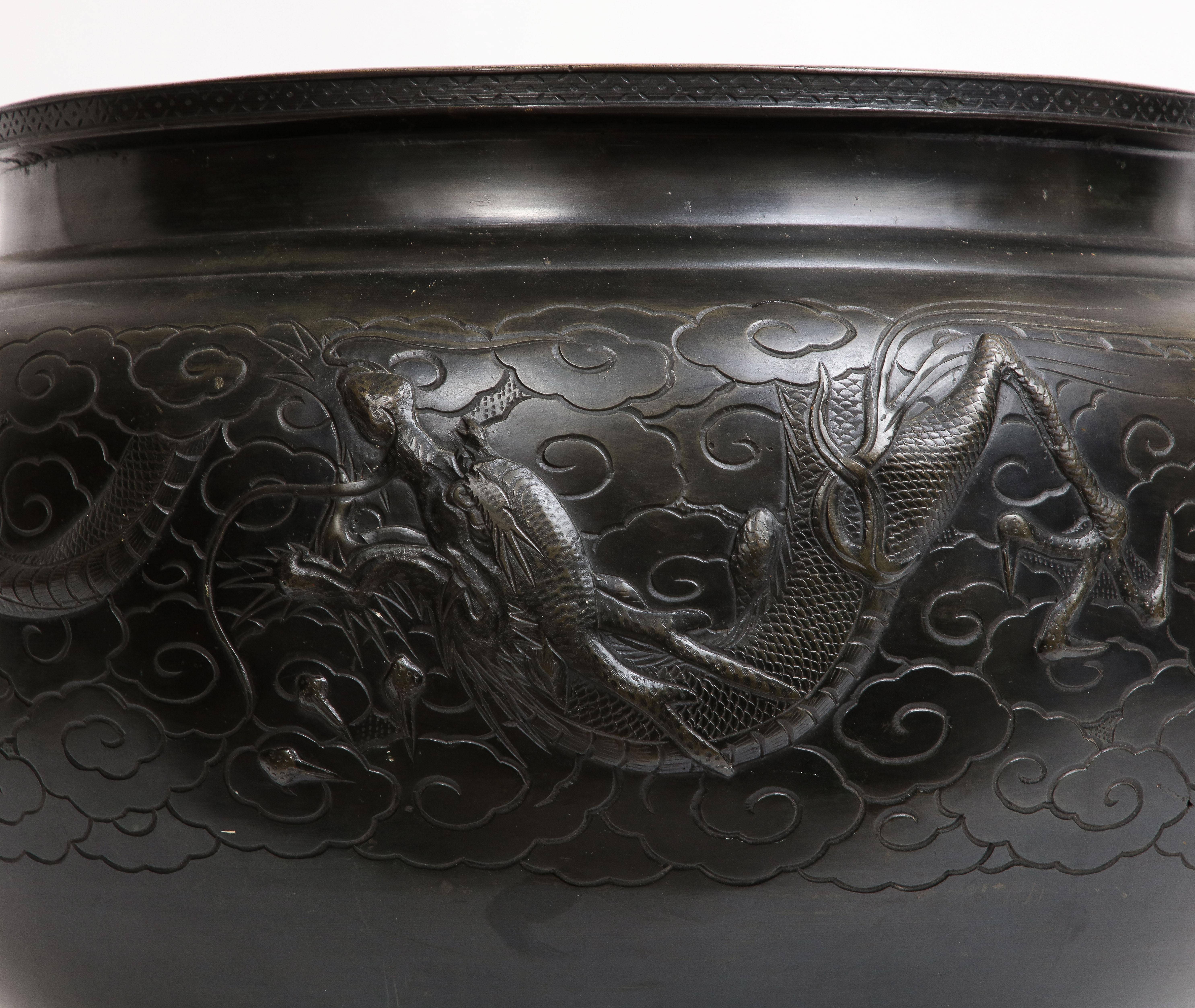 A Japanese Meiji Period Patinated Bronze Centerpiece/Bowl w/ Dragon in Relief For Sale 4