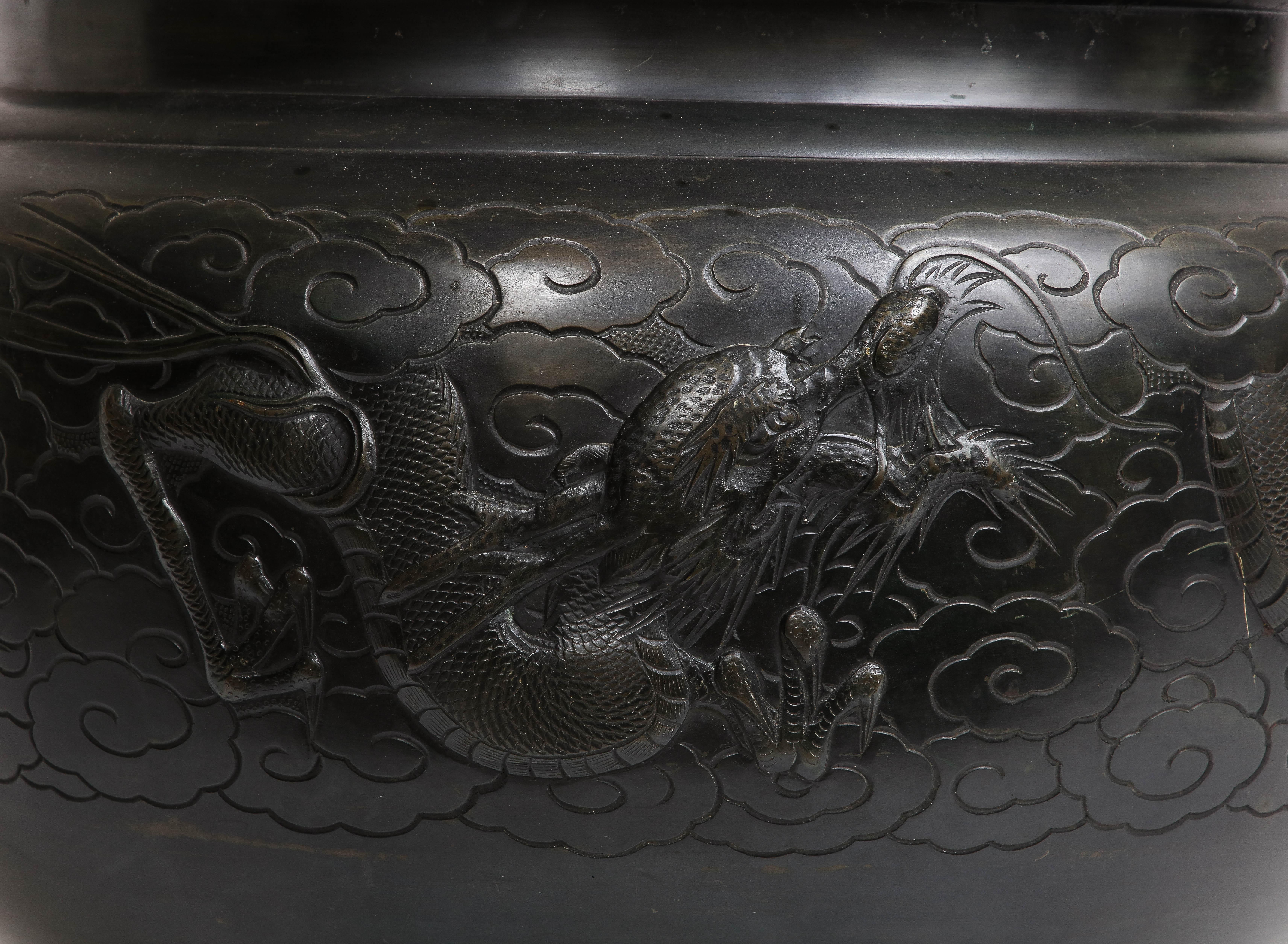 A Japanese Meiji Period Patinated Bronze Centerpiece/Bowl w/ Dragon in Relief For Sale 5