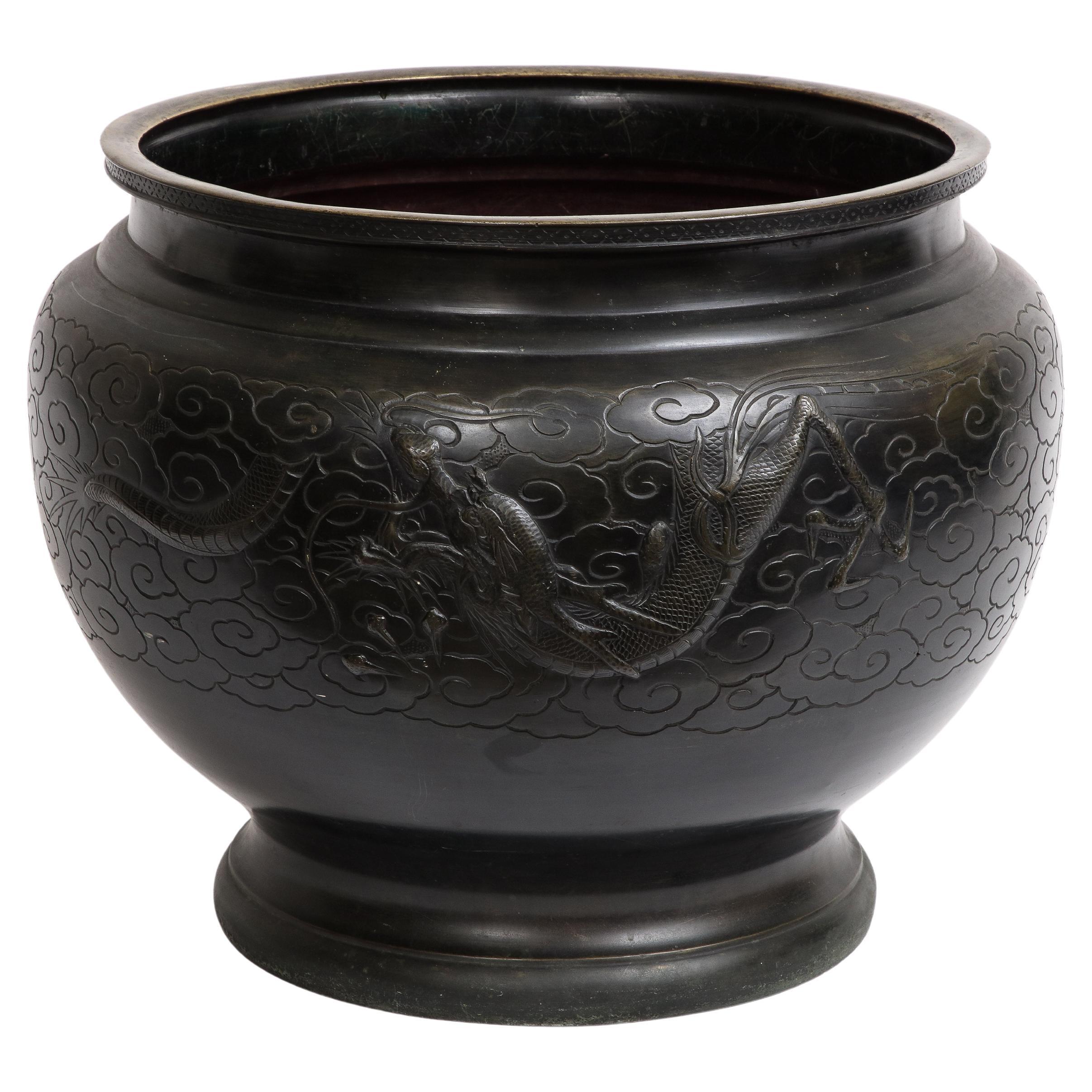 A Japanese Meiji Period Patinated Bronze Centerpiece/Bowl w/ Dragon in Relief For Sale