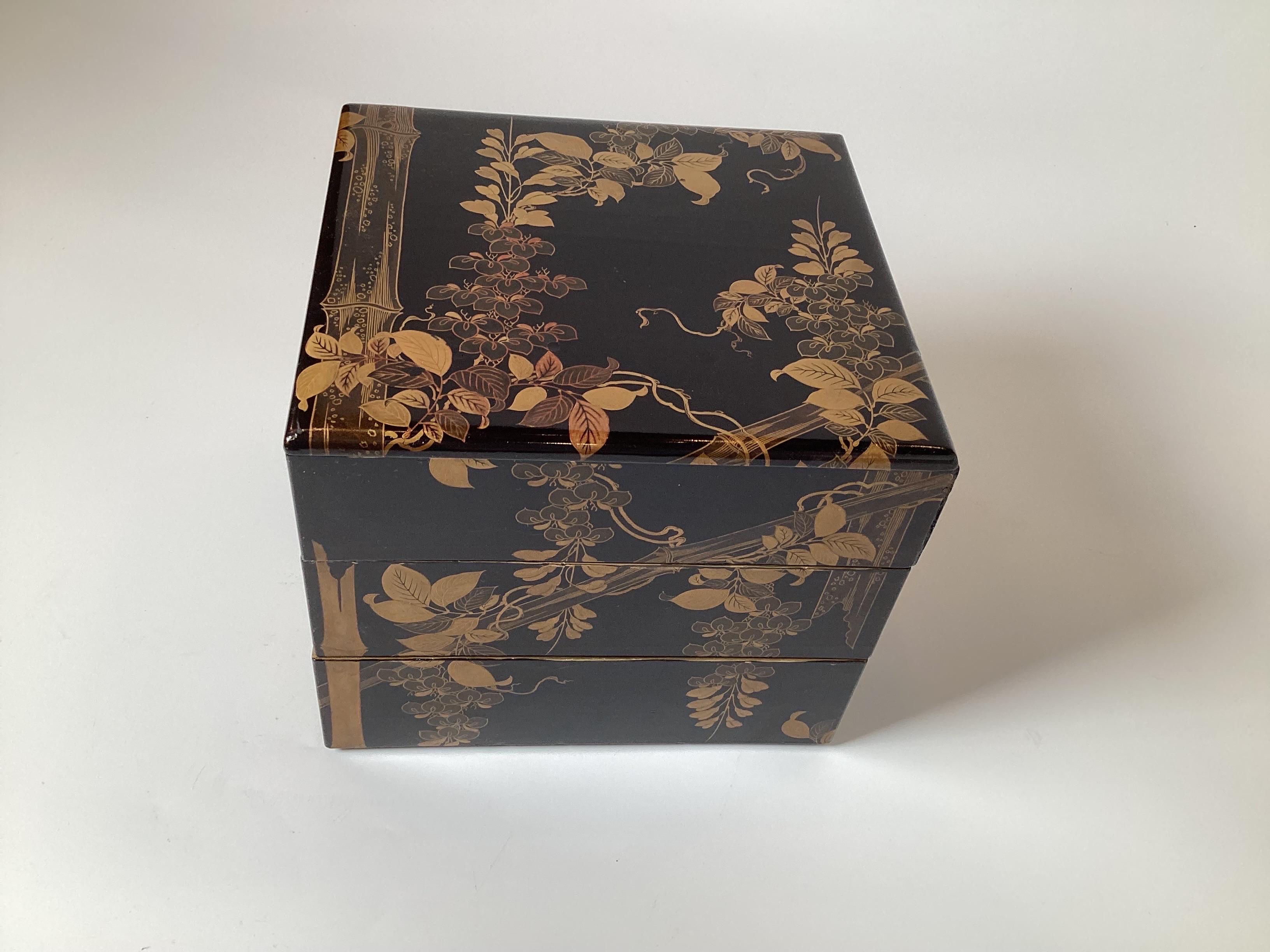 A late 19th century black and gold lacquer writing box. The three trays that fit stacked with lid called a suziribako box. Each box with a red lacquer interior. 
Boxes called suziribako, were used specifically for writing tools: ink slate, water