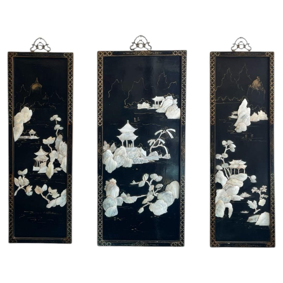 A Japanese Mother of Pearl Shibayama Wall Panel Triptych
