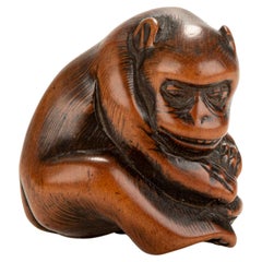 Netsuke japonés que representa a un mono con una tortuga