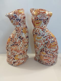Japanese Pair of Imari Porcelain Lovable Cats Sculpture, Signed on Base