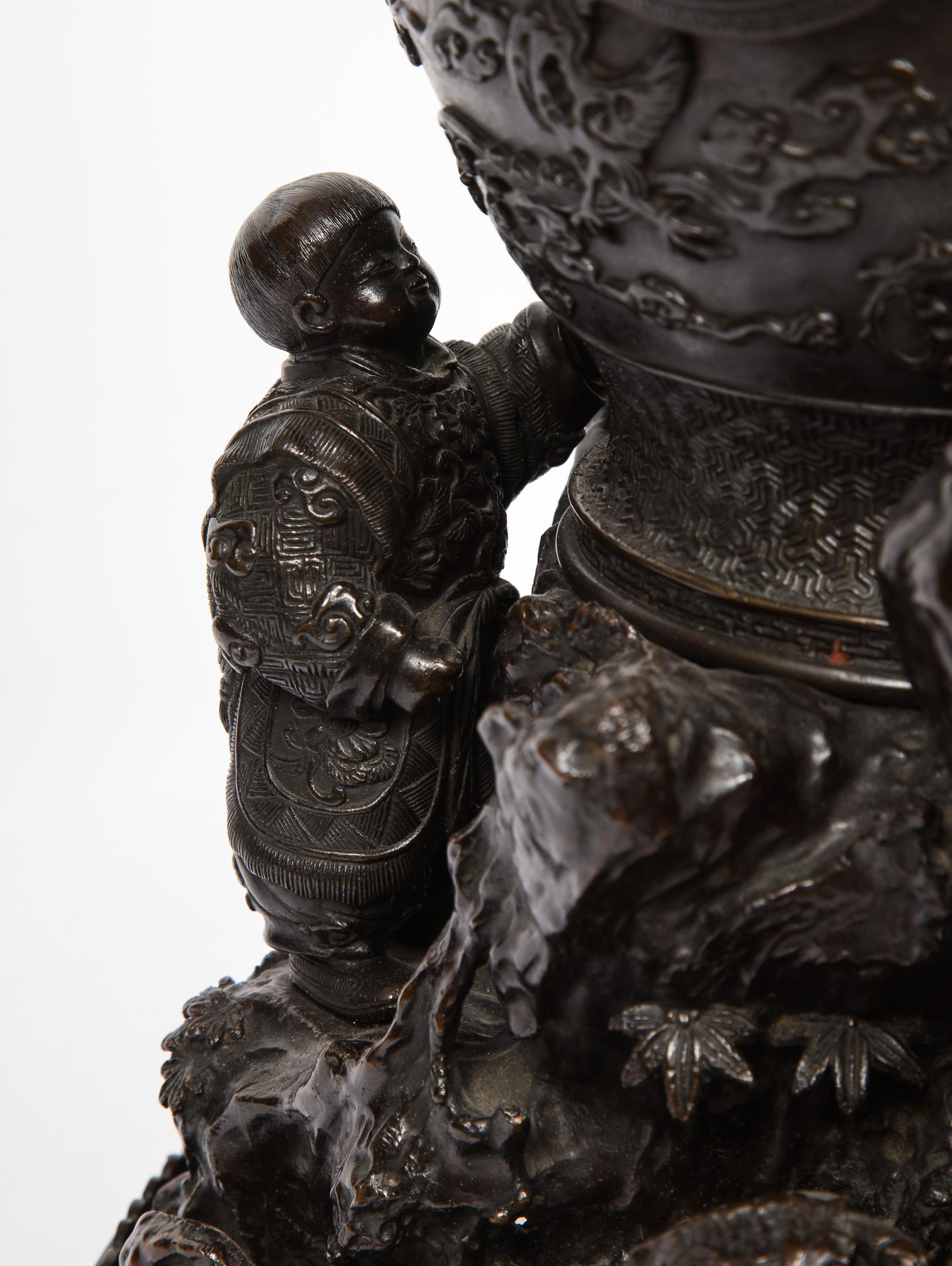 Japanese Patinated Bronze Figural Clock Vase, Meiji Period 6
