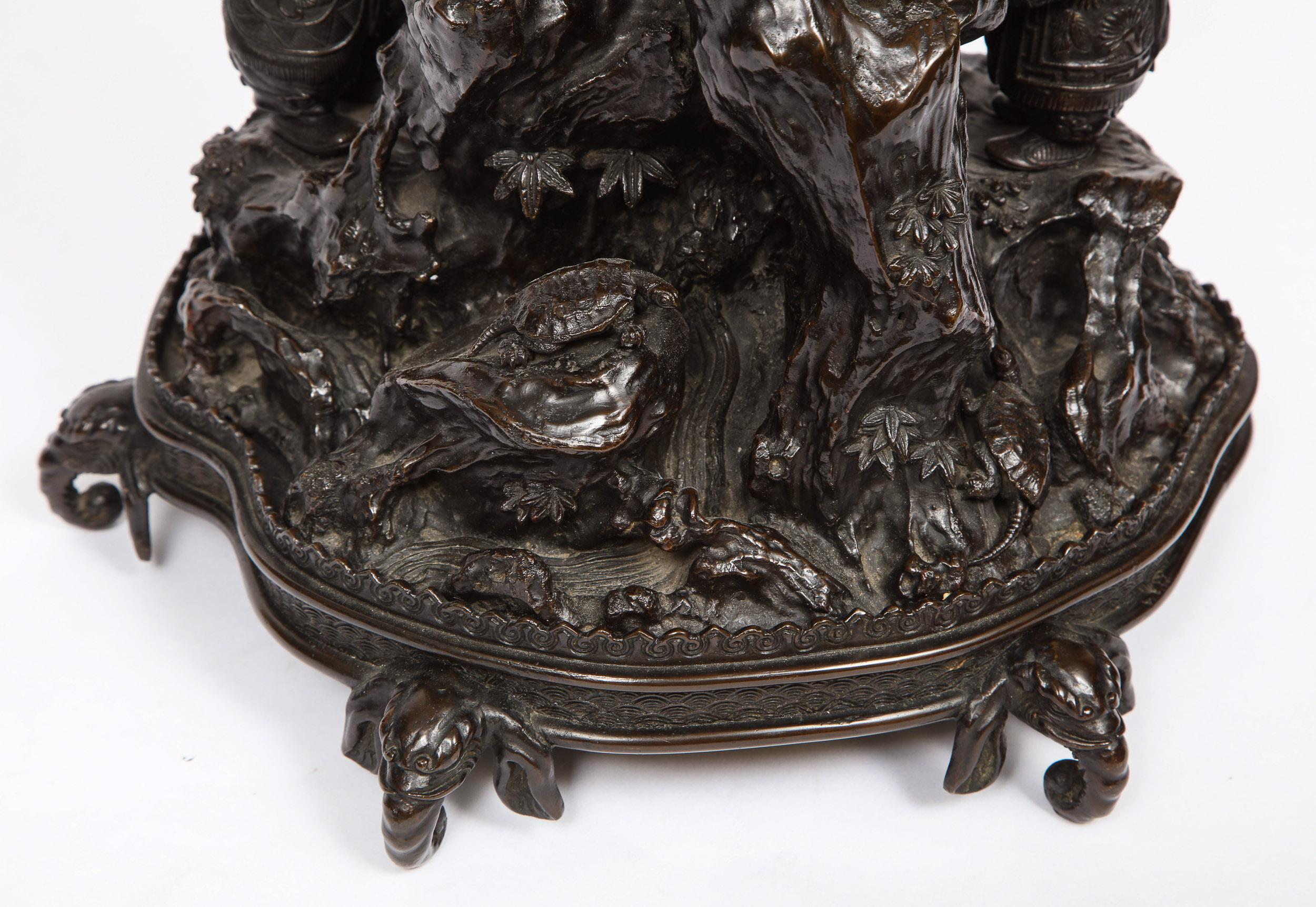 Japanese Patinated Bronze Figural Clock Vase, Meiji Period 7