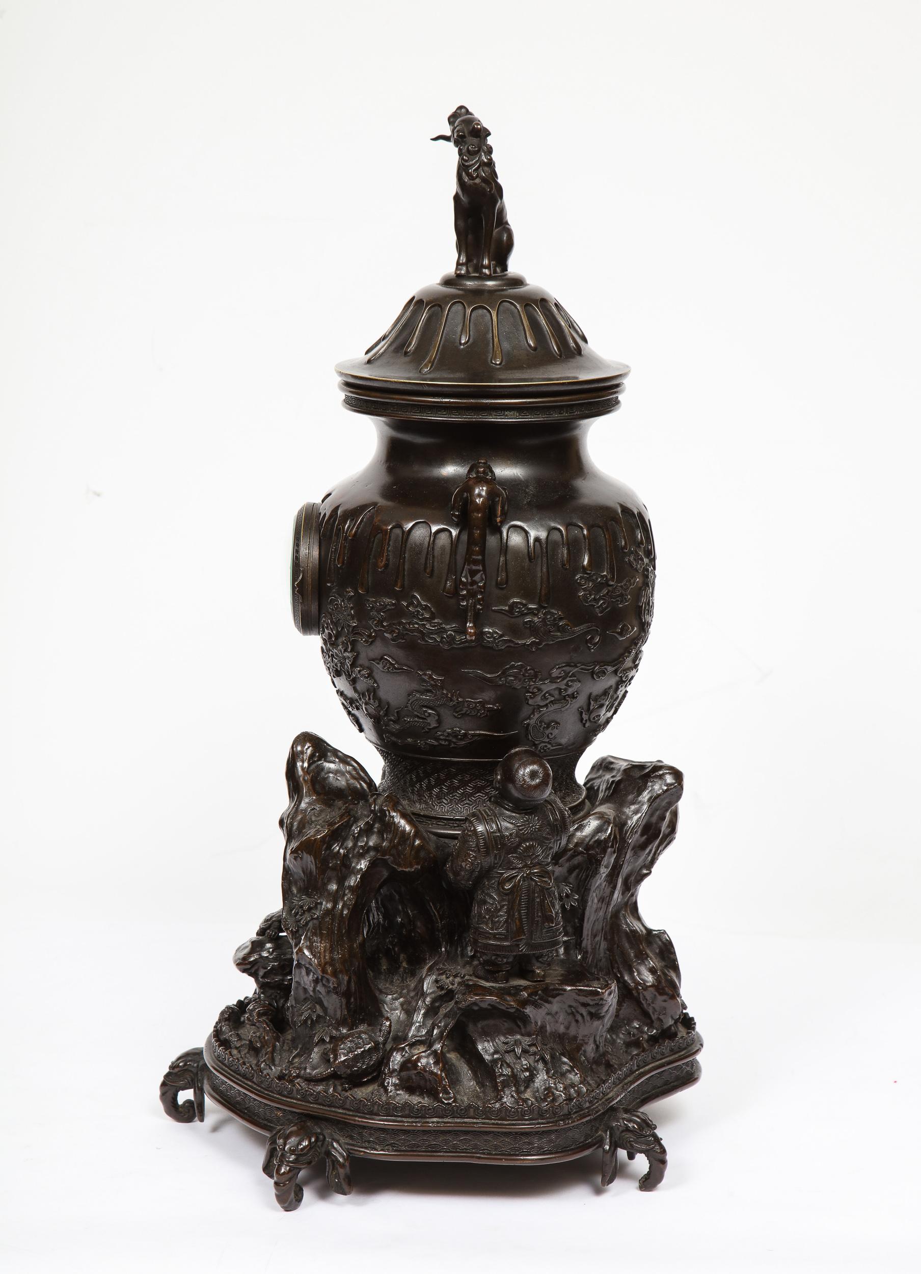 Japanese Patinated Bronze Figural Clock Vase, Meiji Period 8