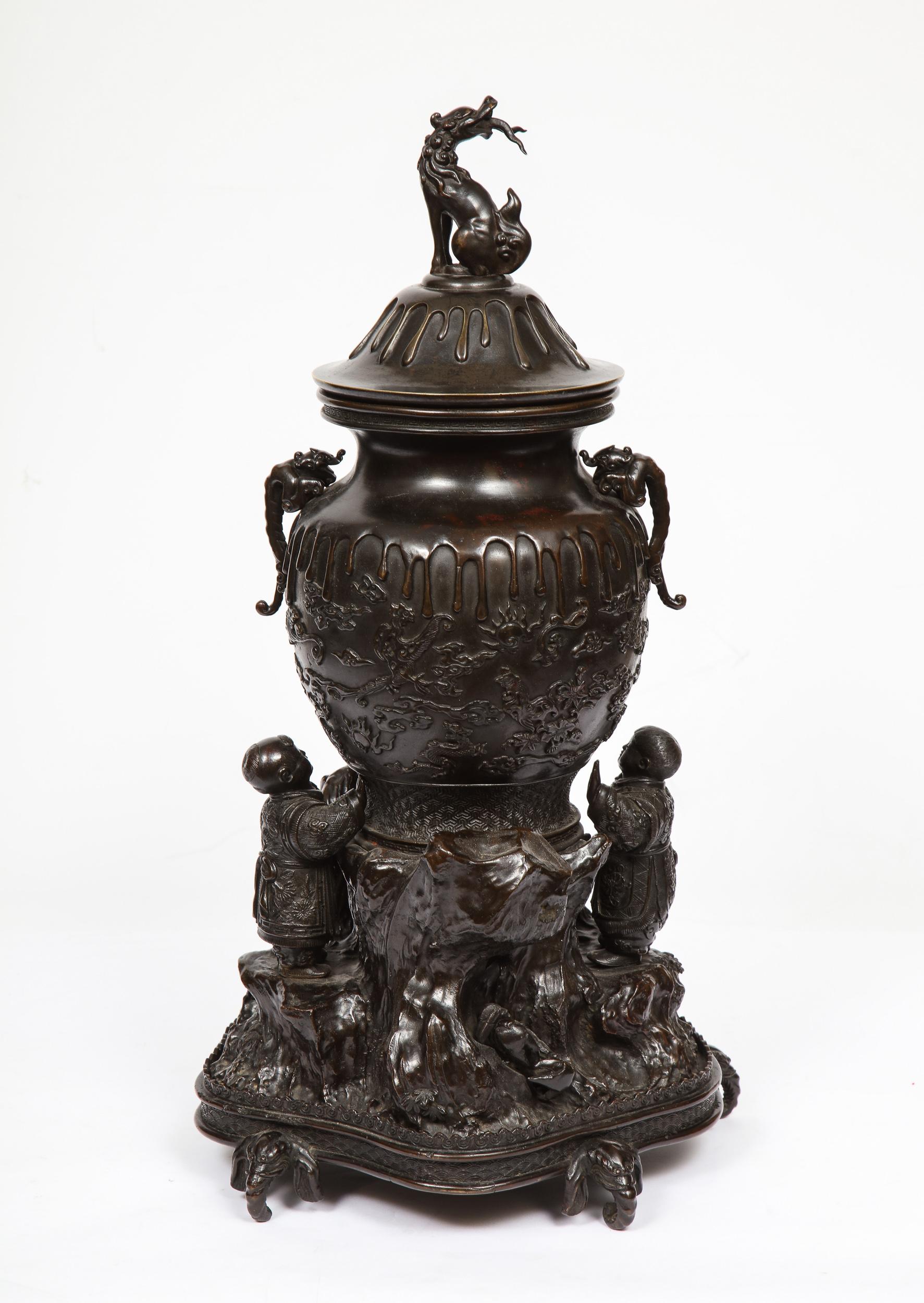 Japanese Patinated Bronze Figural Clock Vase, Meiji Period 9