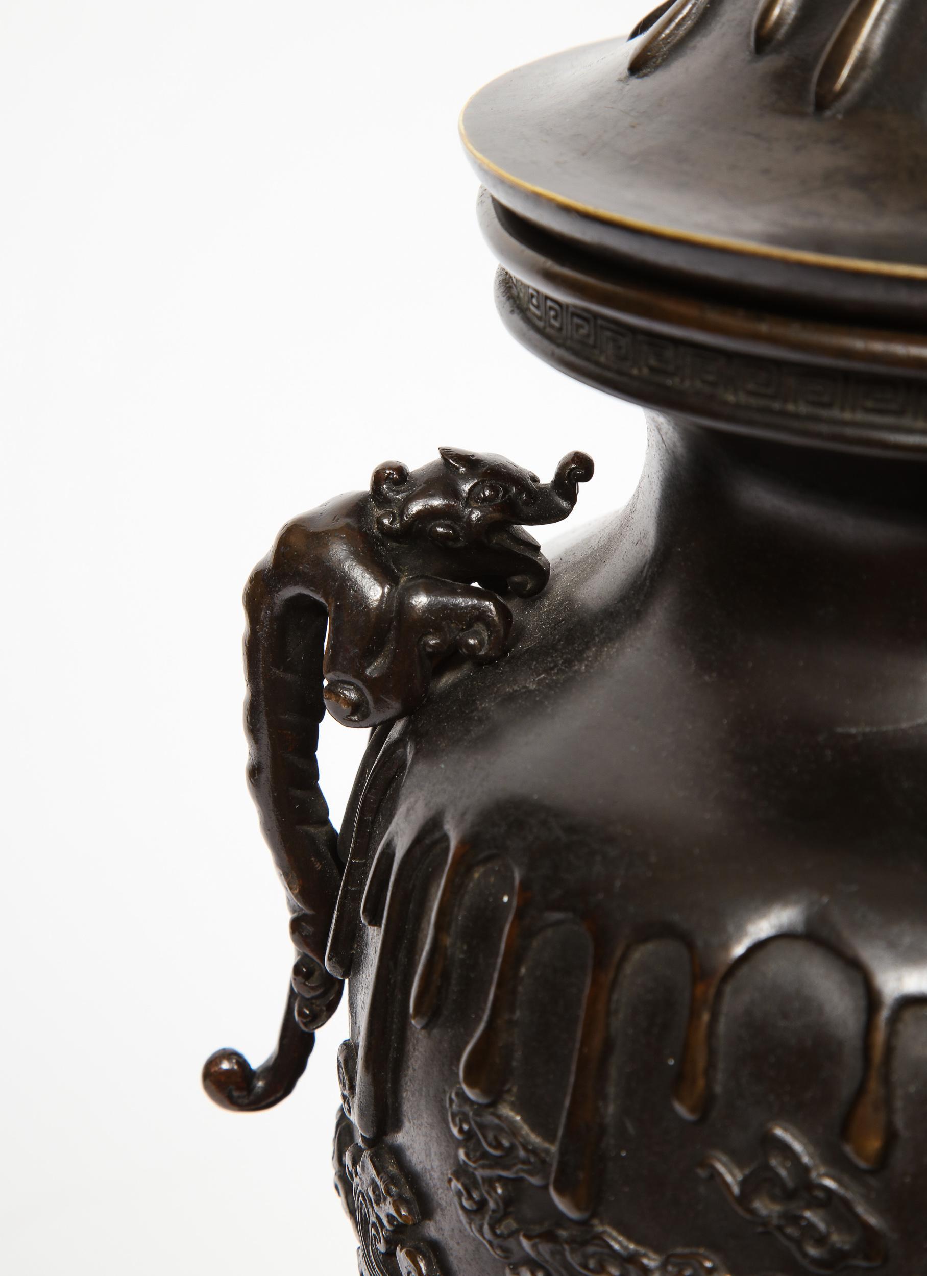 Japanese Patinated Bronze Figural Clock Vase, Meiji Period 12
