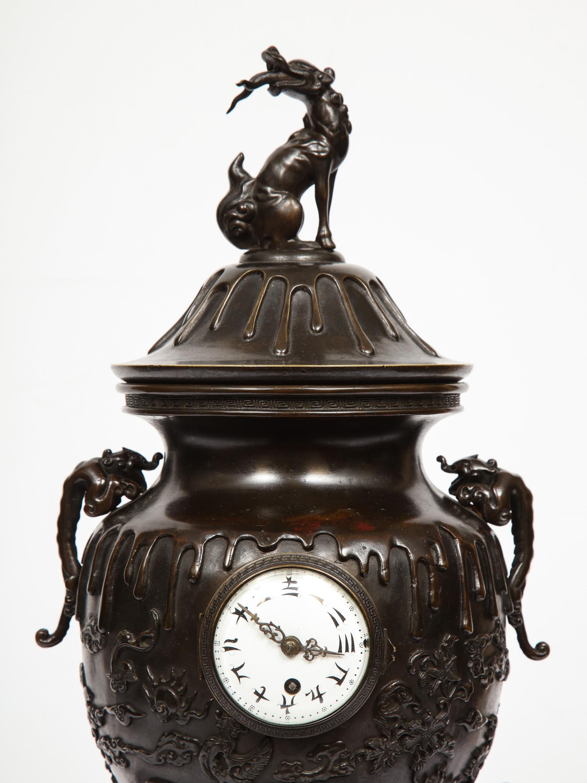 Japanese Patinated Bronze Figural Clock Vase, Meiji Period In Good Condition In Queens, NY