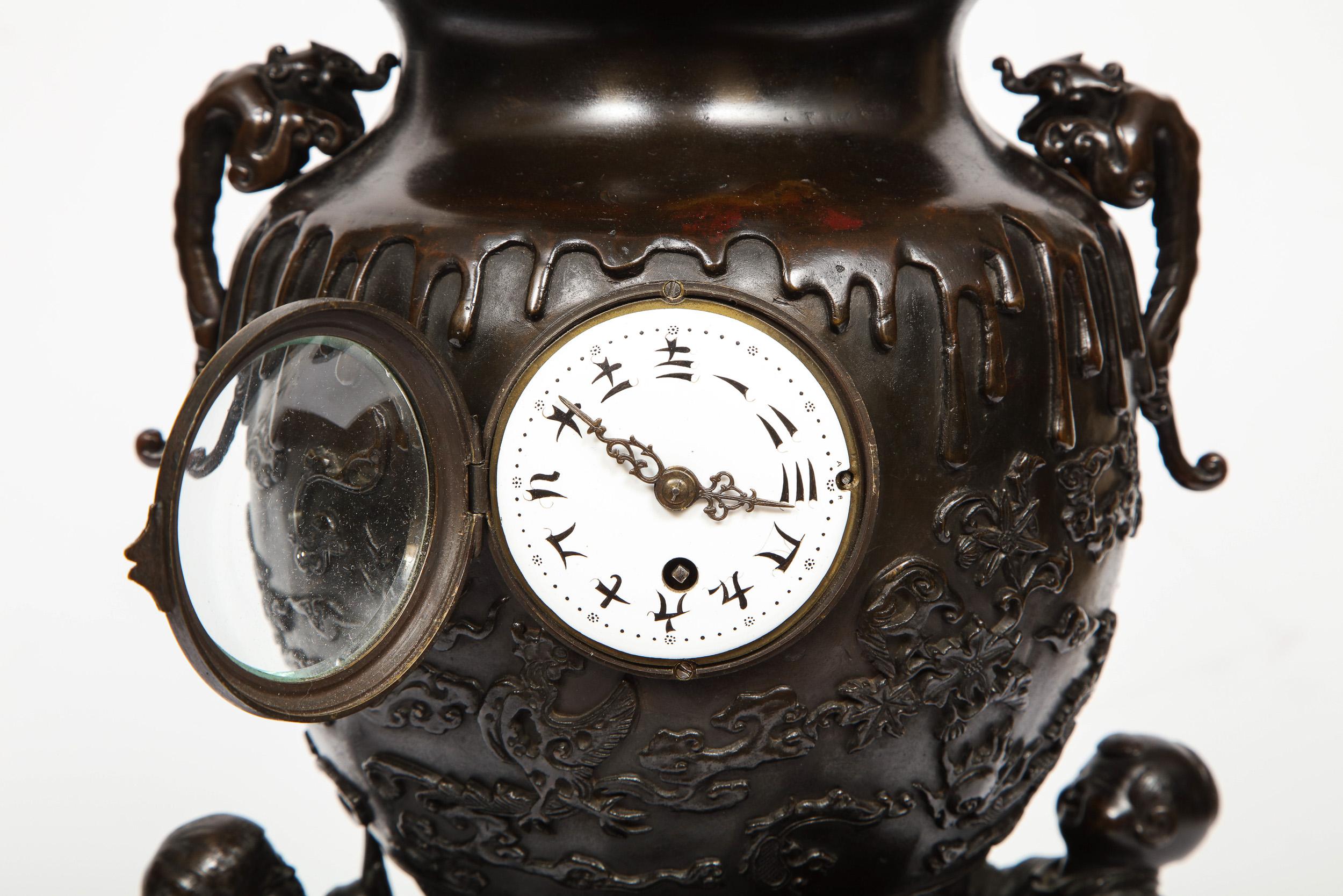 Japanese Patinated Bronze Figural Clock Vase, Meiji Period 2