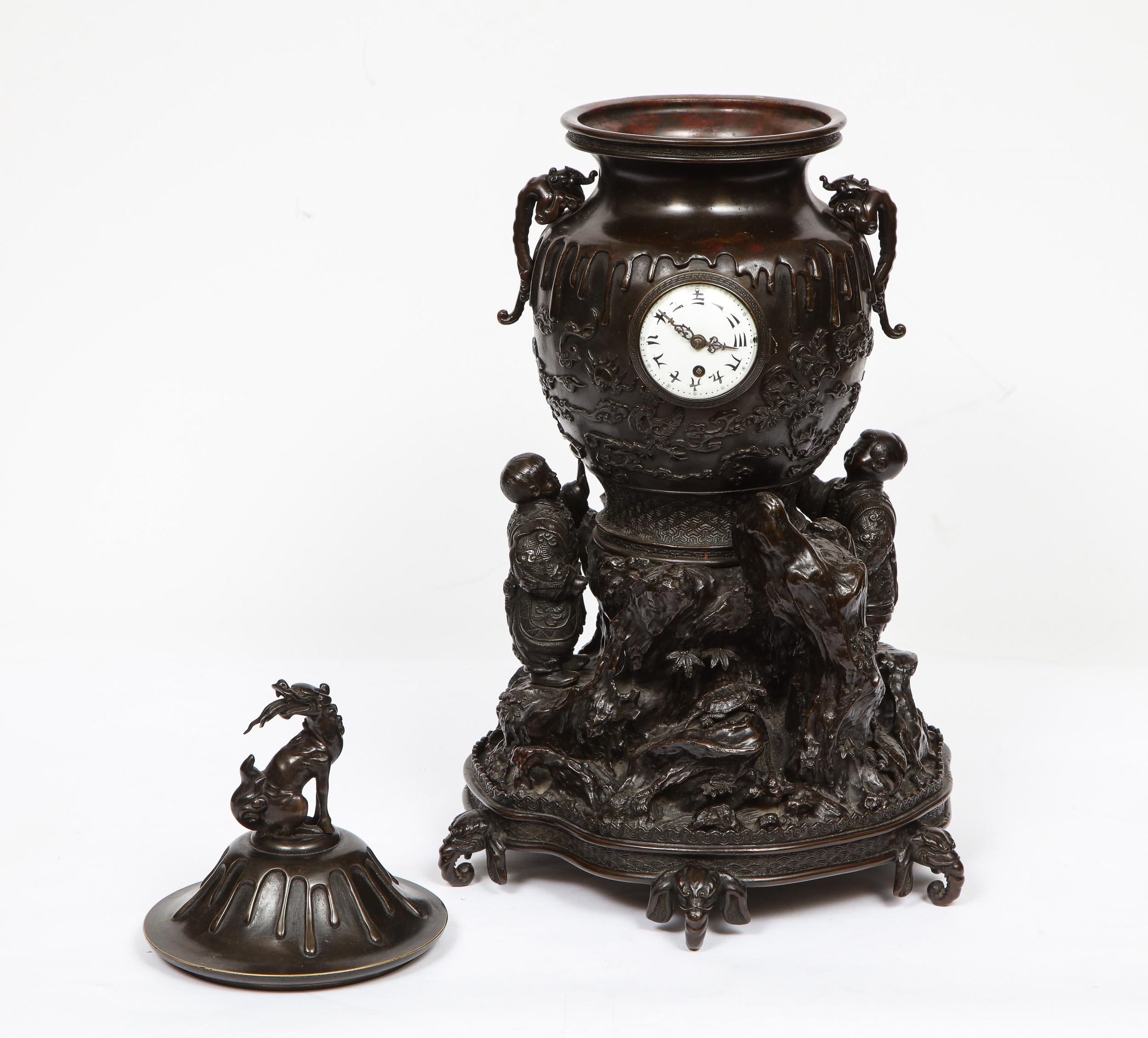 Japanese Patinated Bronze Figural Clock Vase, Meiji Period 3