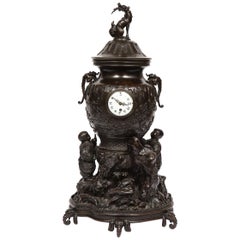 Antique Japanese Patinated Bronze Figural Clock Vase, Meiji Period