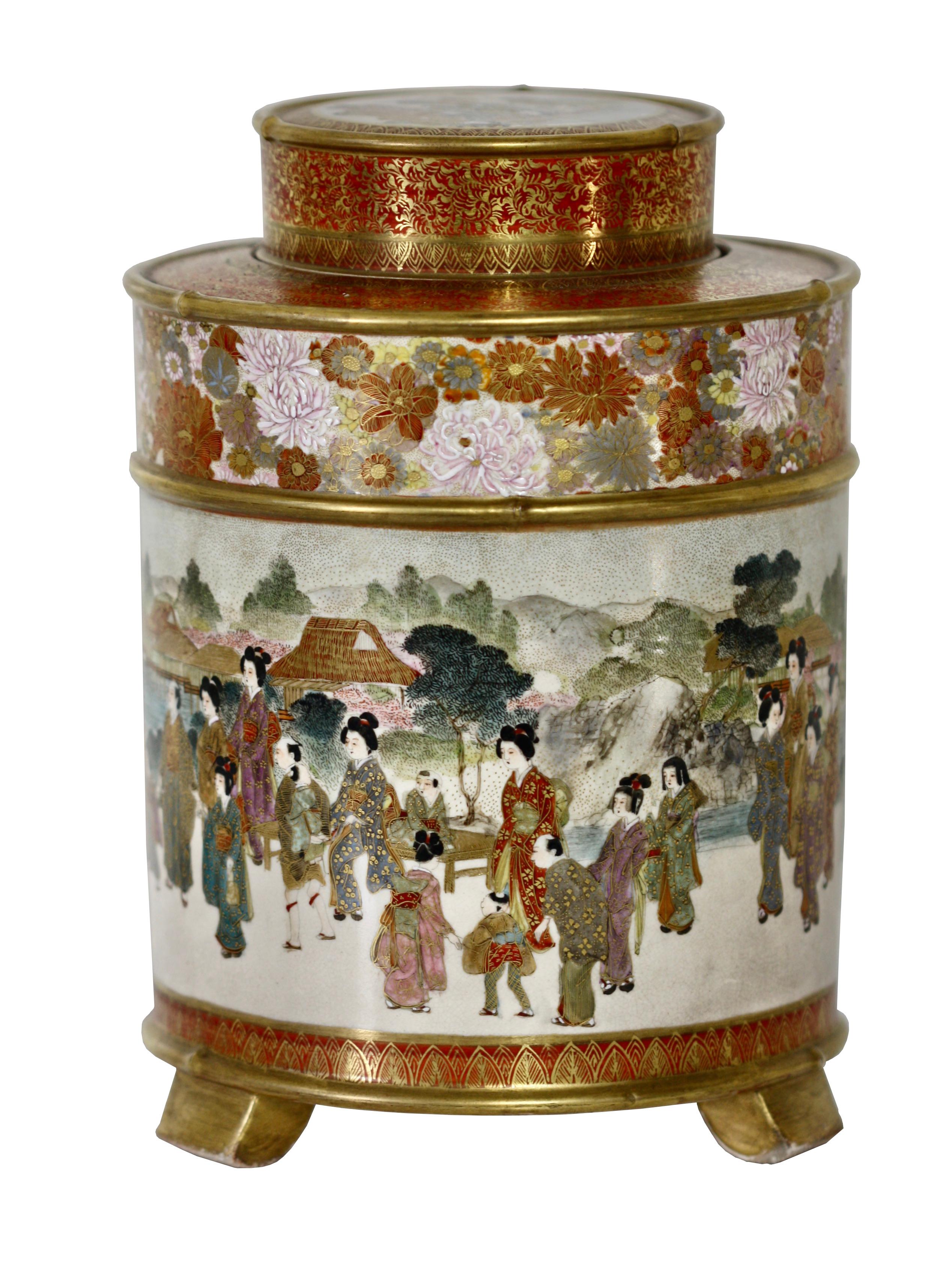 Japanese Satsuma Cylindrical Koro and Cover, Signed Gyokuzan, Meiji Period For Sale 4
