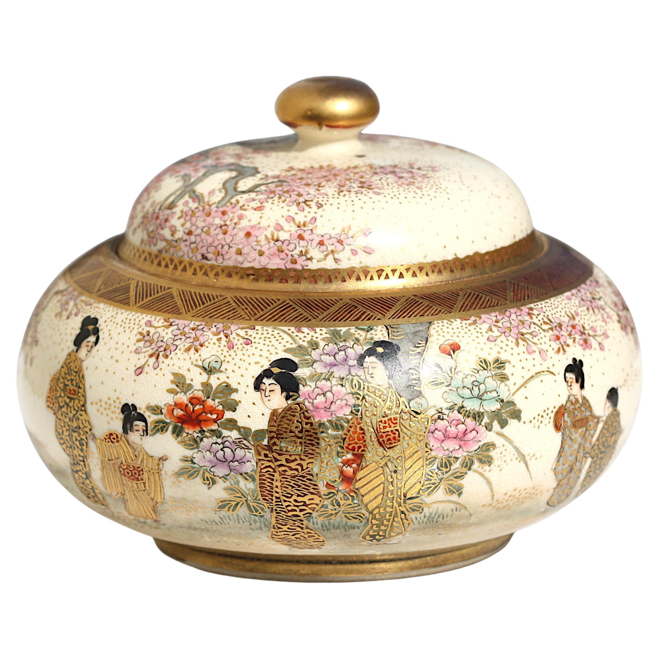 Caja circular y tapa de loza japonesa Satsuma