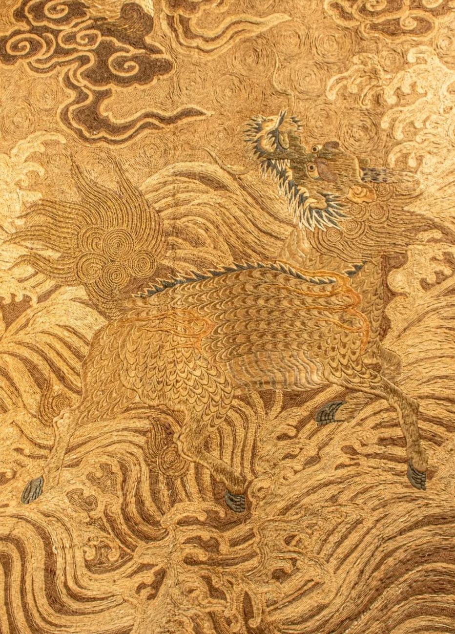 Japonisme A Japanese silk tapestry with phoenix 鳳凰 and kirin 麒麟
