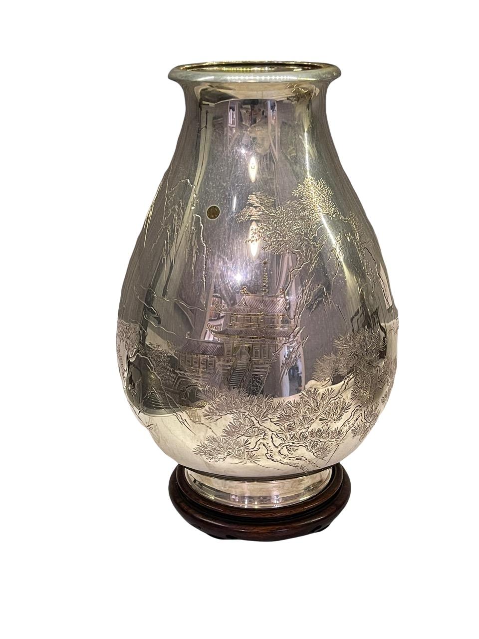 Hand-Carved Japanese Silver and Mixed Metal Vase, Shigemitsu, circa 1900 For Sale