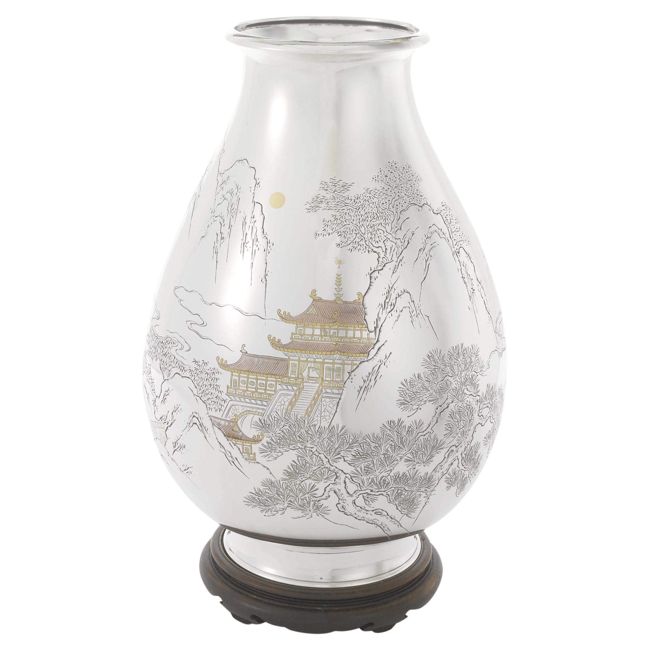 Vase japonais en argent et métal mixte, Shigemitsu, vers 1900