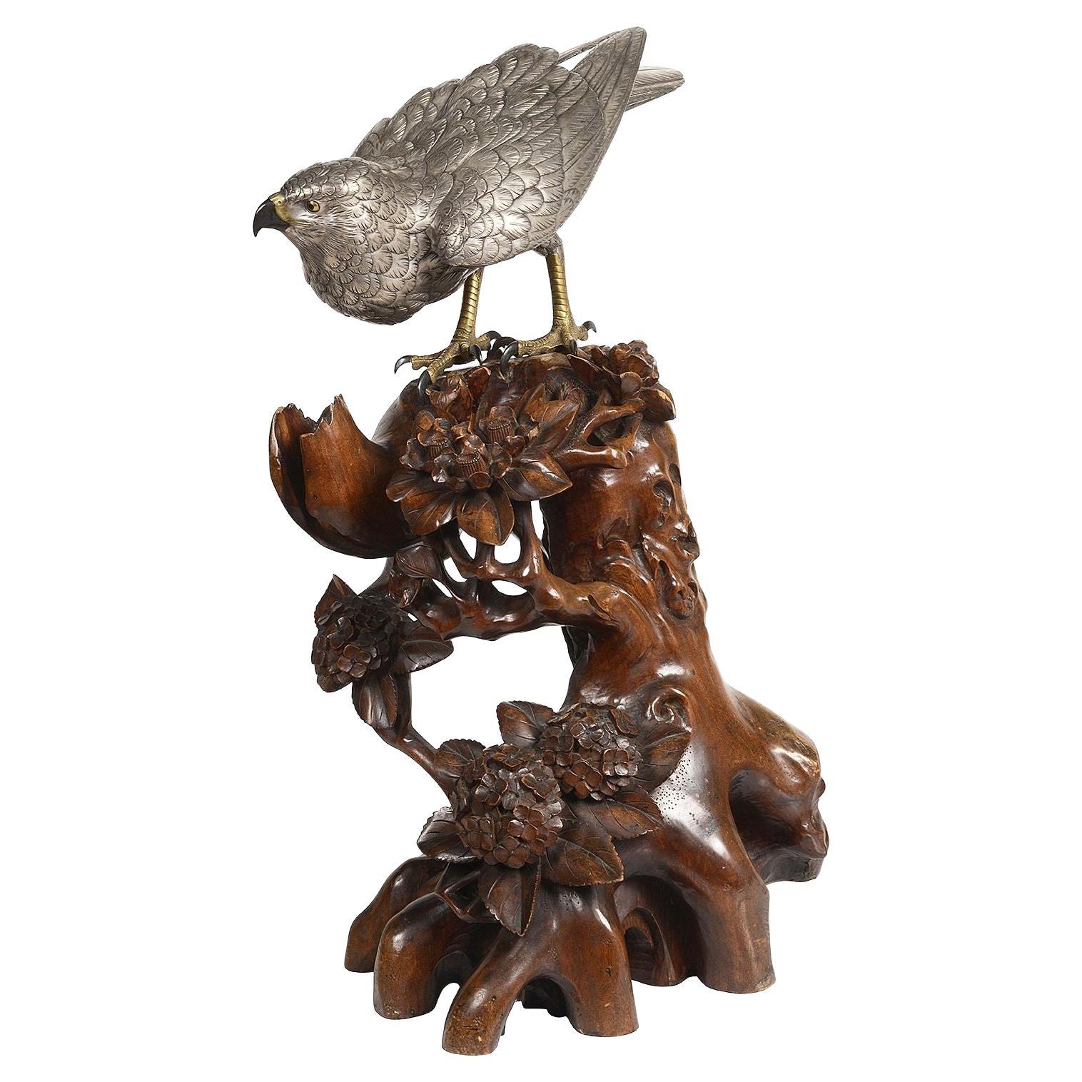 Japanese Silvered Bronze Model of a Goshawk, circa 1890 For Sale