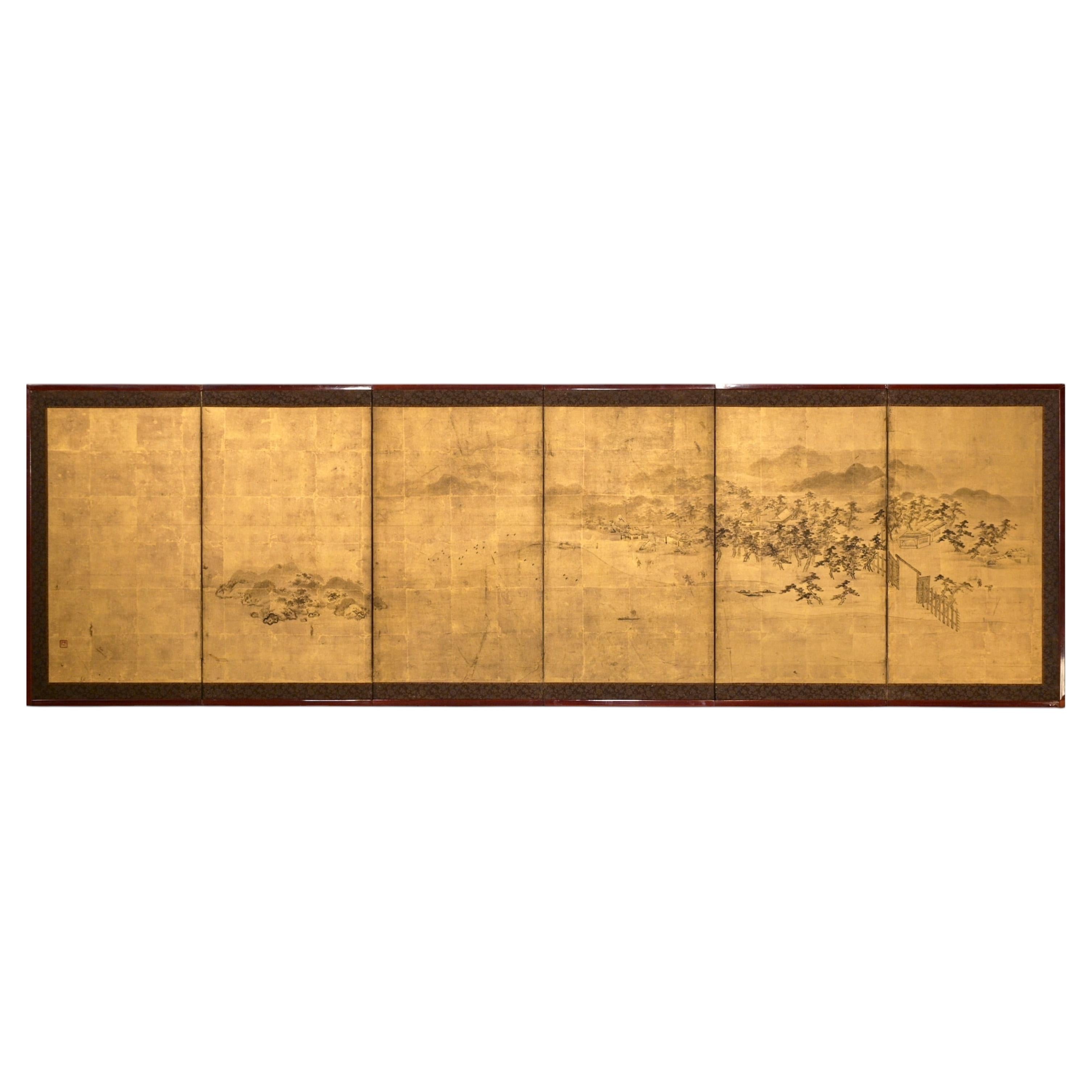 A Japanese Six-Panel Byōbu Screen Depicting a Coastal Landscape in Hama