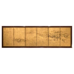 A Japanese Six-Panel Byōbu Screen Depicting a Coastal Landscape in Hama