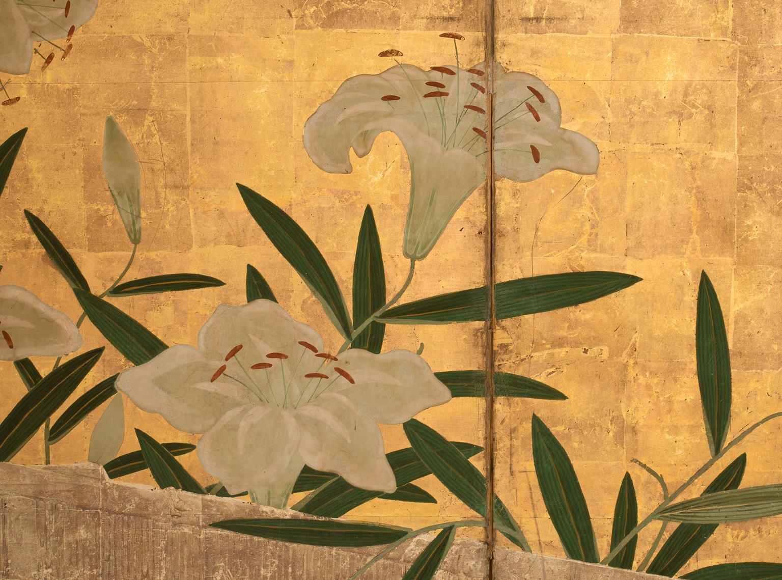 Painted Japanese Six-Panel Folding Screen with Lilies