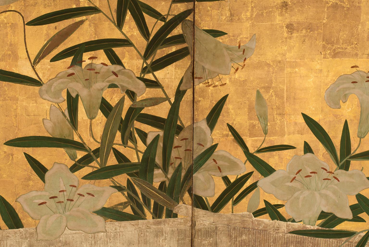 Japanese Six-Panel Folding Screen with Lilies In Good Condition In Milano, IT