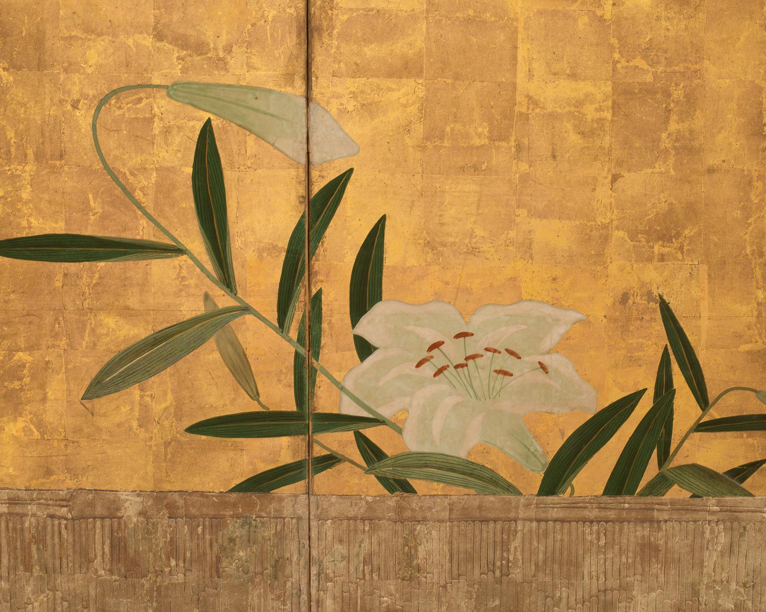 17th Century Japanese Six-Panel Folding Screen with Lilies