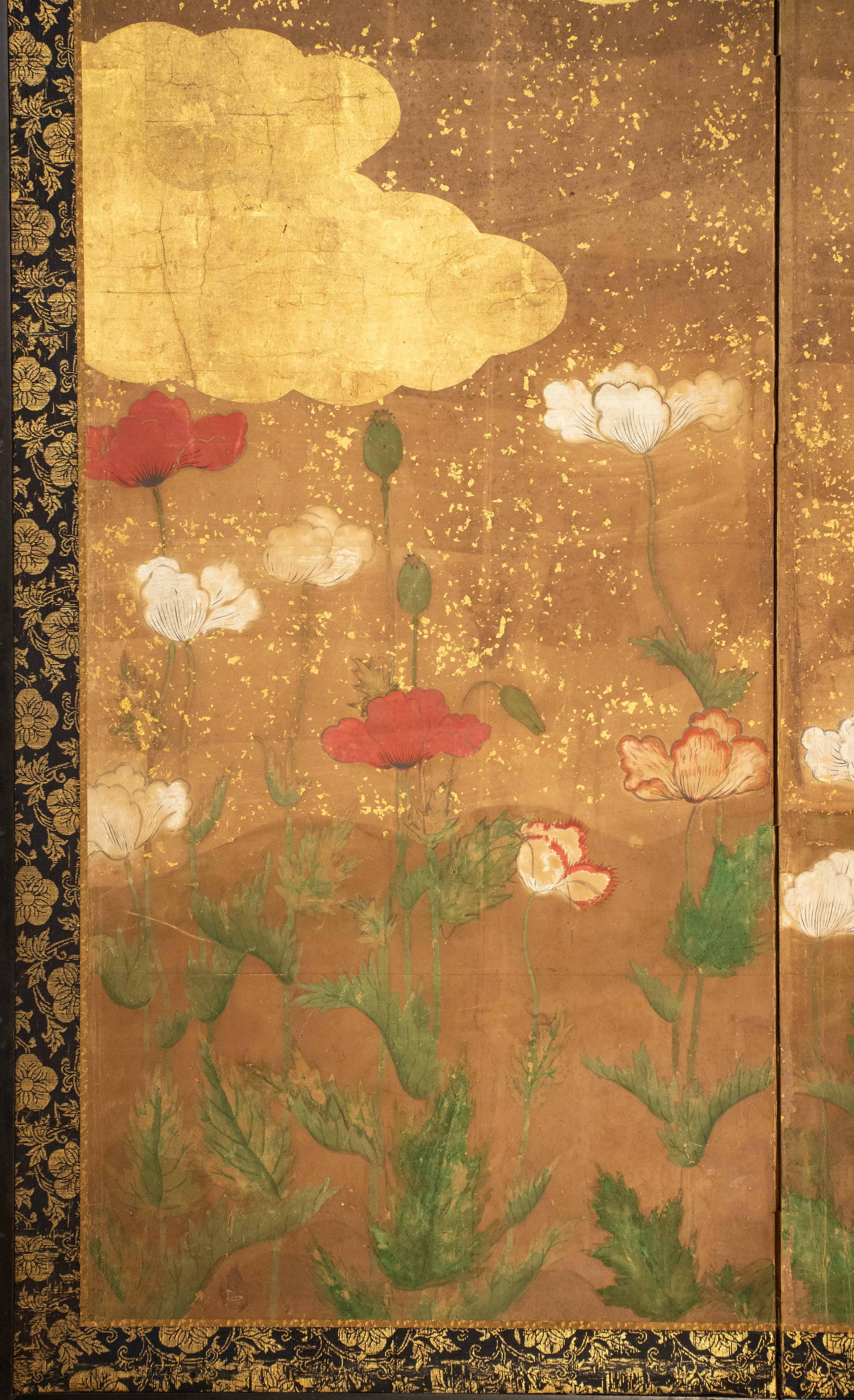 A Japanese two-panel screen from the Rinpa school, painted on paper with gold leaf application, depicting a blooming cluster of red and white poppies. 
The flowers are rendered with vivid energy through the use of mineral pigments and gofun,