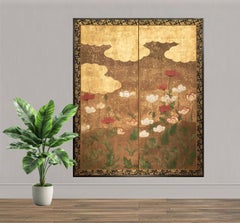 Paravent japonais à deux panneaux en feuilles d'or avec des coquelicots, école Rinpa
