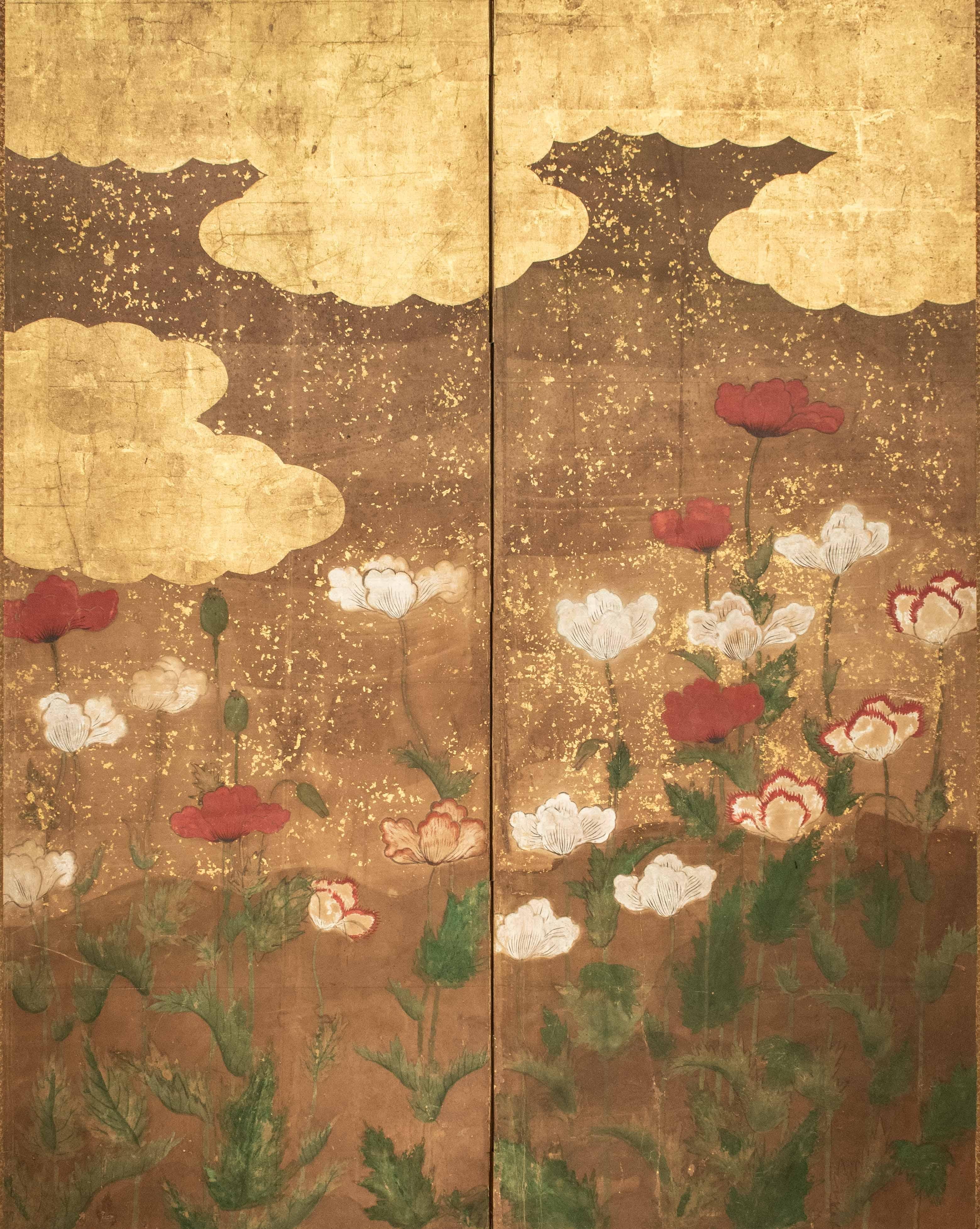 Ein japanischer Zwei-Panel-Blatt-Goldschirm mit Mohnblumen, Rinpa-Schule (Japanese)