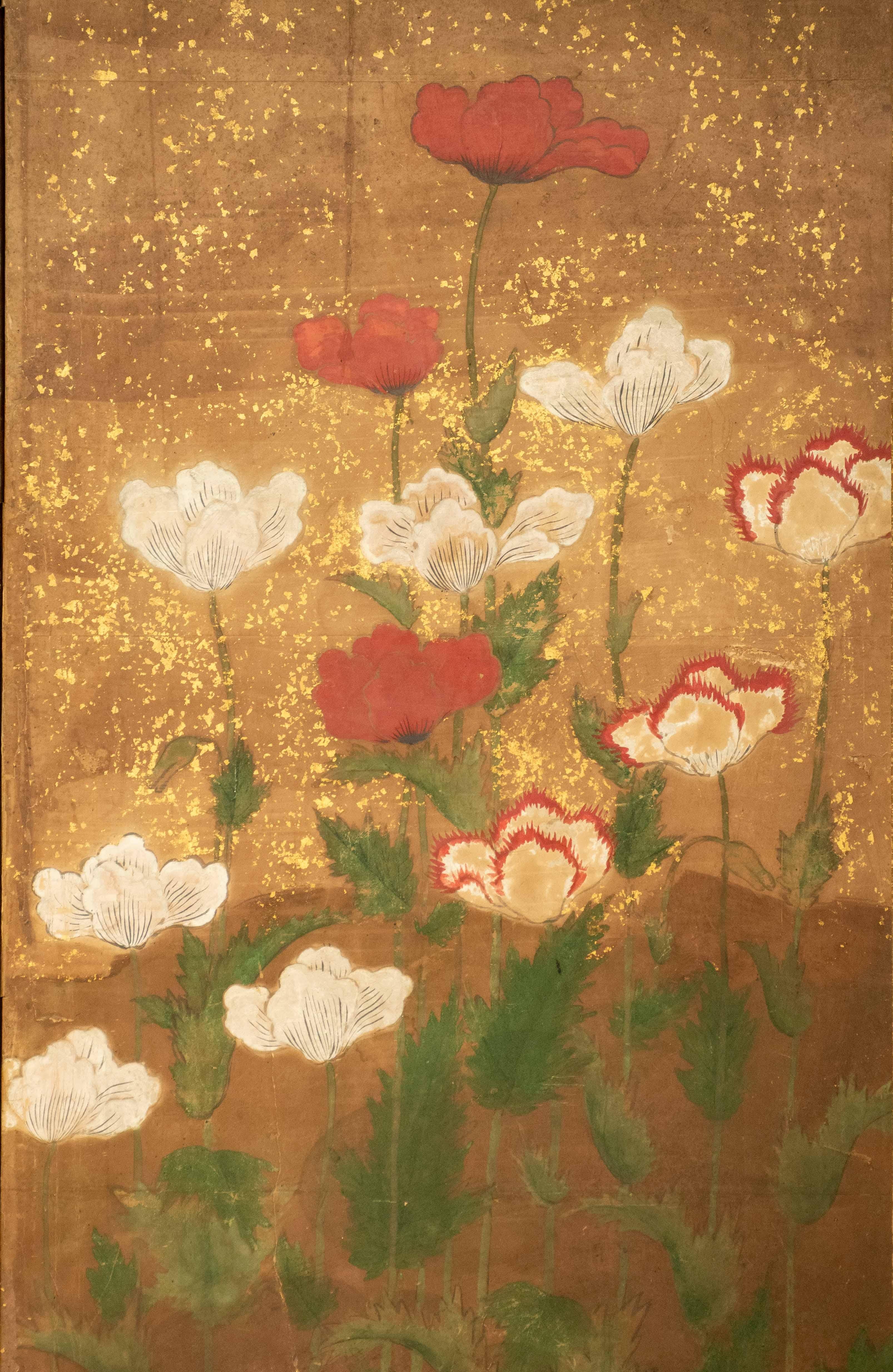 A Japanese Two-panel Gold-leaf Screen With Poppies, Rinpa School In condizioni buone in vendita a Milano, IT