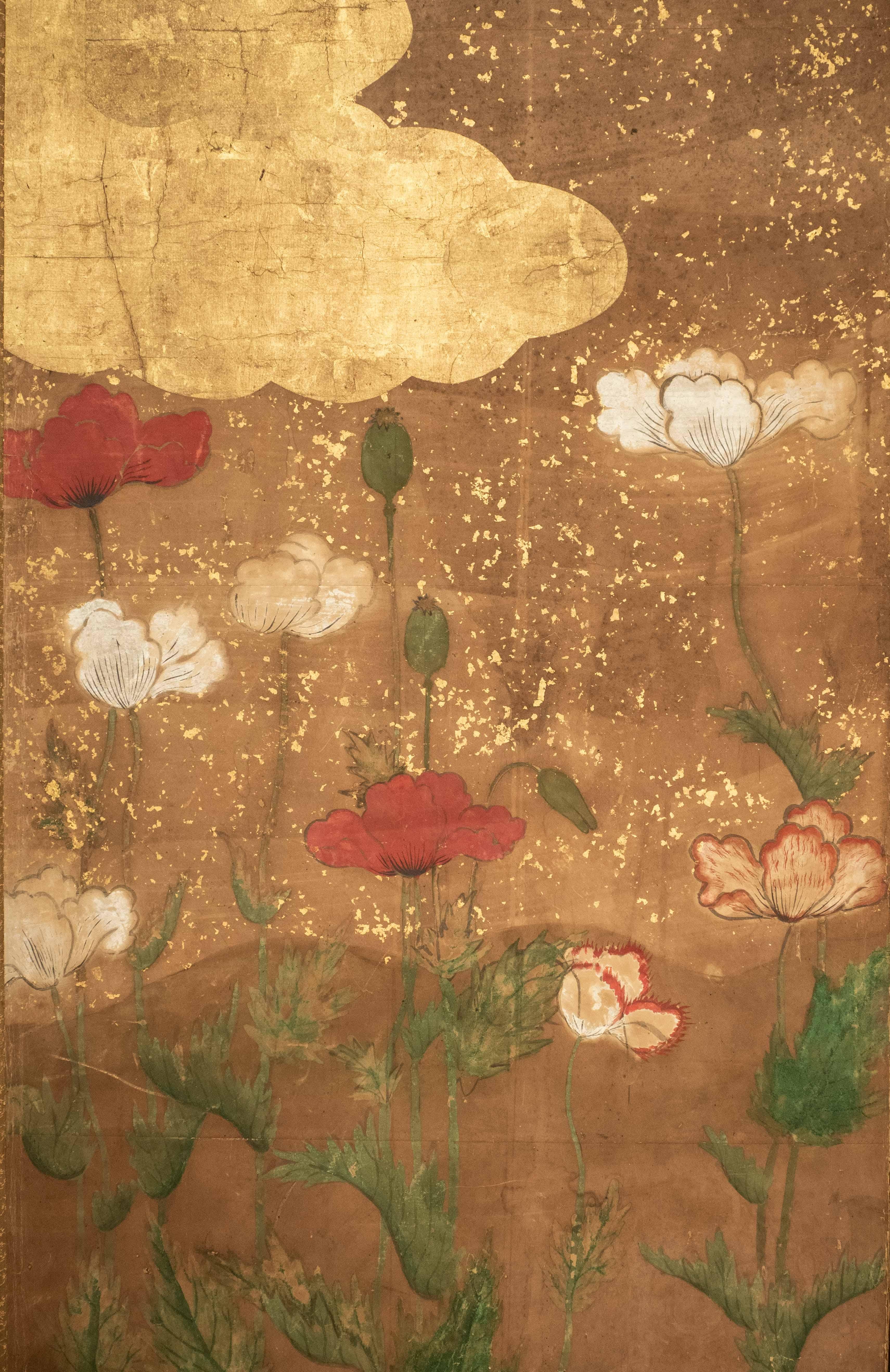 Ein japanischer Zwei-Panel-Blatt-Goldschirm mit Mohnblumen, Rinpa-Schule (Handbemalt)
