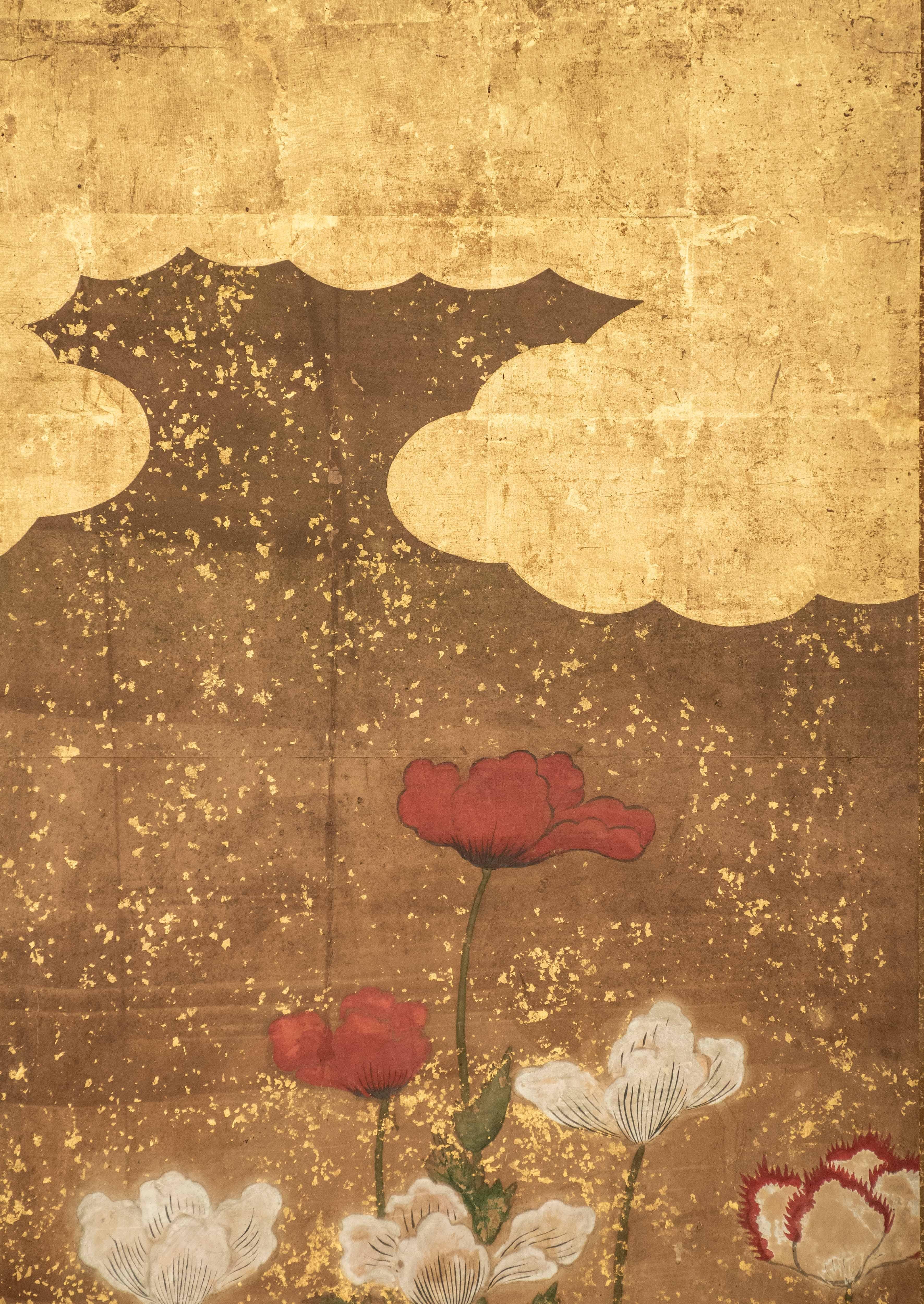 Ein japanischer Zwei-Panel-Blatt-Goldschirm mit Mohnblumen, Rinpa-Schule im Zustand „Gut“ in Milano, IT