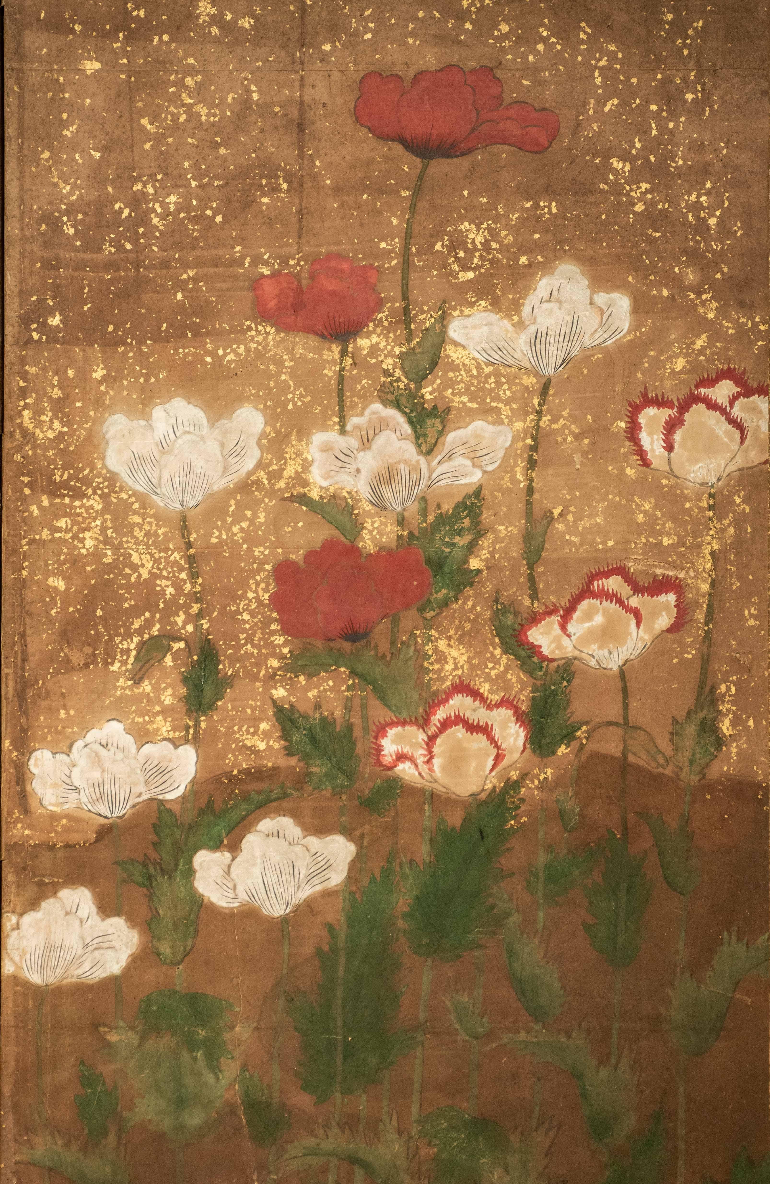 Ein japanischer Zwei-Panel-Blatt-Goldschirm mit Mohnblumen, Rinpa-Schule (19th Century)