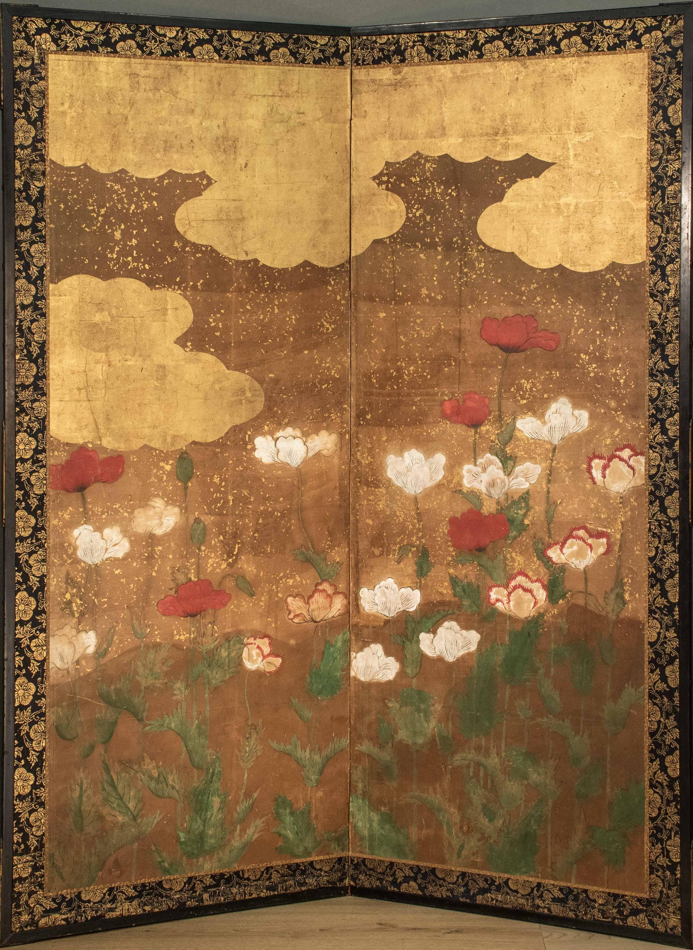 Ein japanischer Zwei-Panel-Blatt-Goldschirm mit Mohnblumen, Rinpa-Schule (Blattgold)